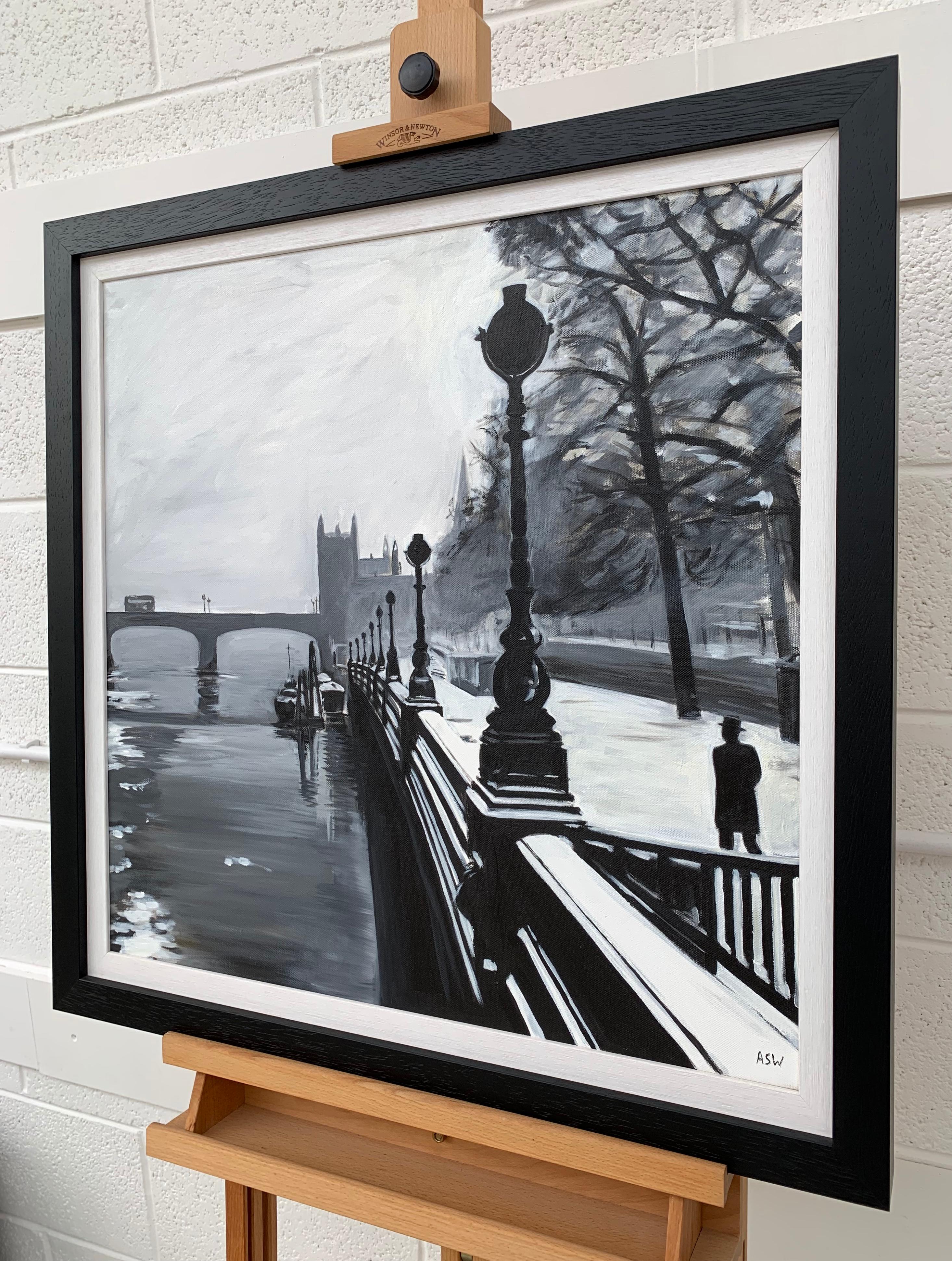 Black & White Painting of Victoria Embankment London by British Urban Artist For Sale 1