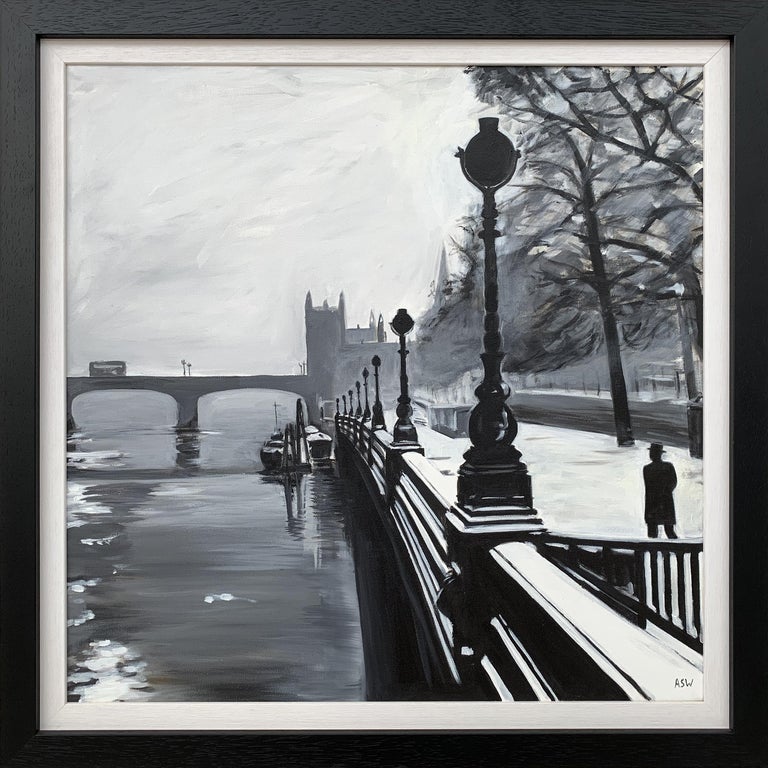 Angela Wakefield Figurative Painting - Black & White Painting of Victoria Embankment London by British Urban Artist