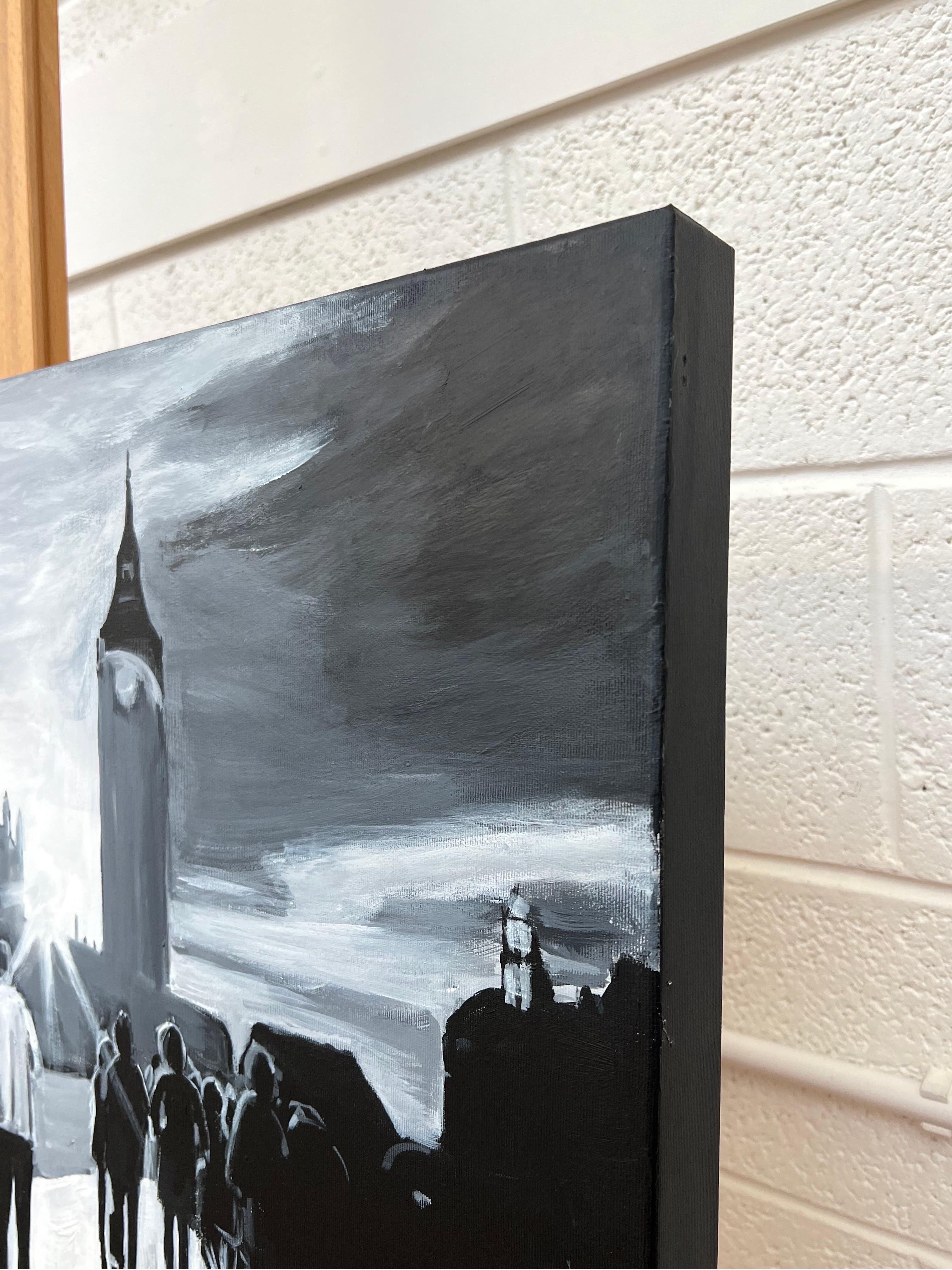 Quadro in bianco e nero del ponte di Westminster a Londra realizzato da un artista urbano britannico in vendita 5