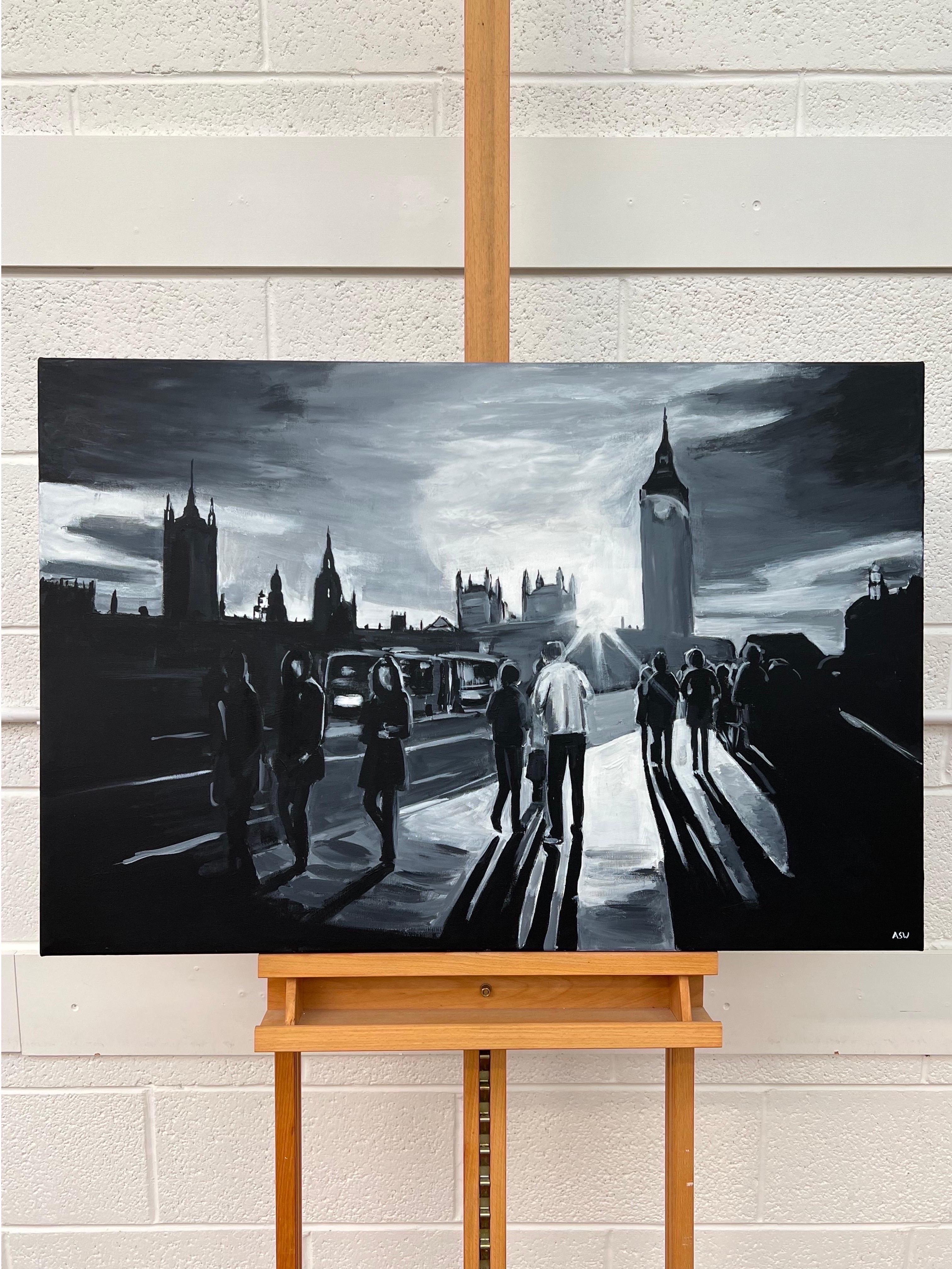 Black & White Painting of Westminster Bridge in London by British Urban Artist For Sale 7