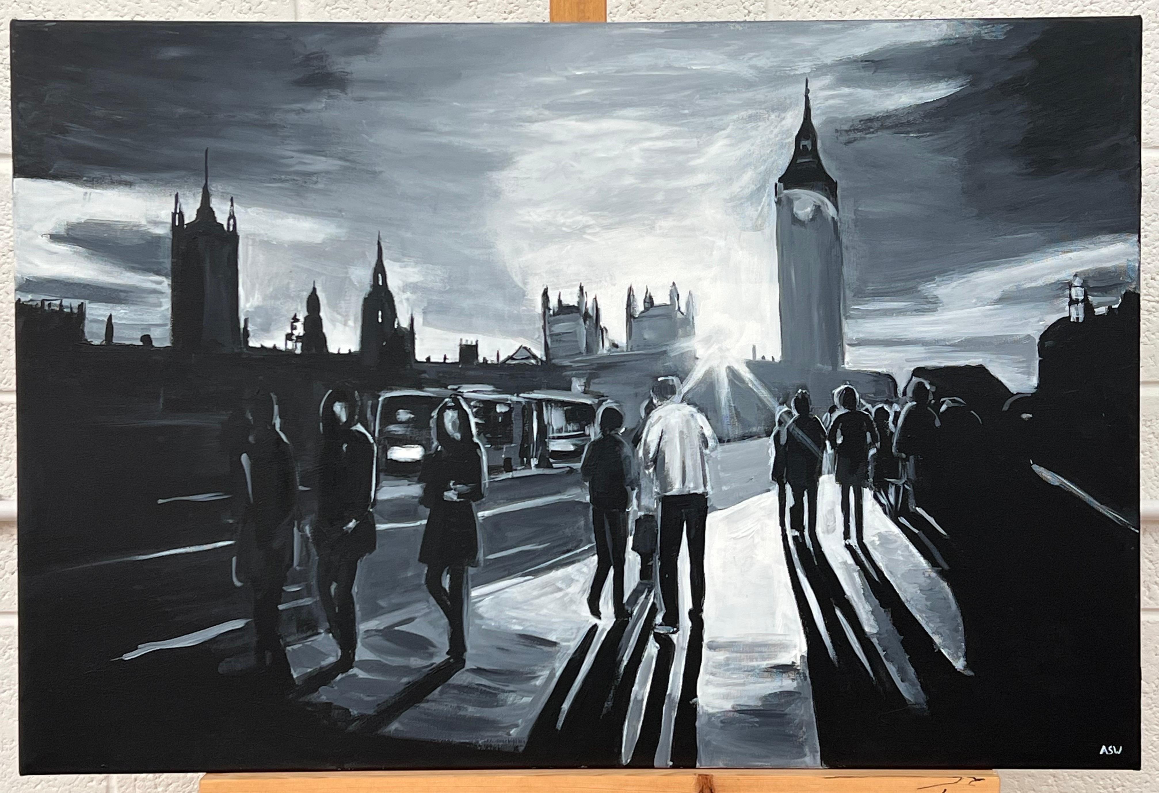 Black & White Painting of Westminster Bridge in London by British Urban Artist For Sale 9