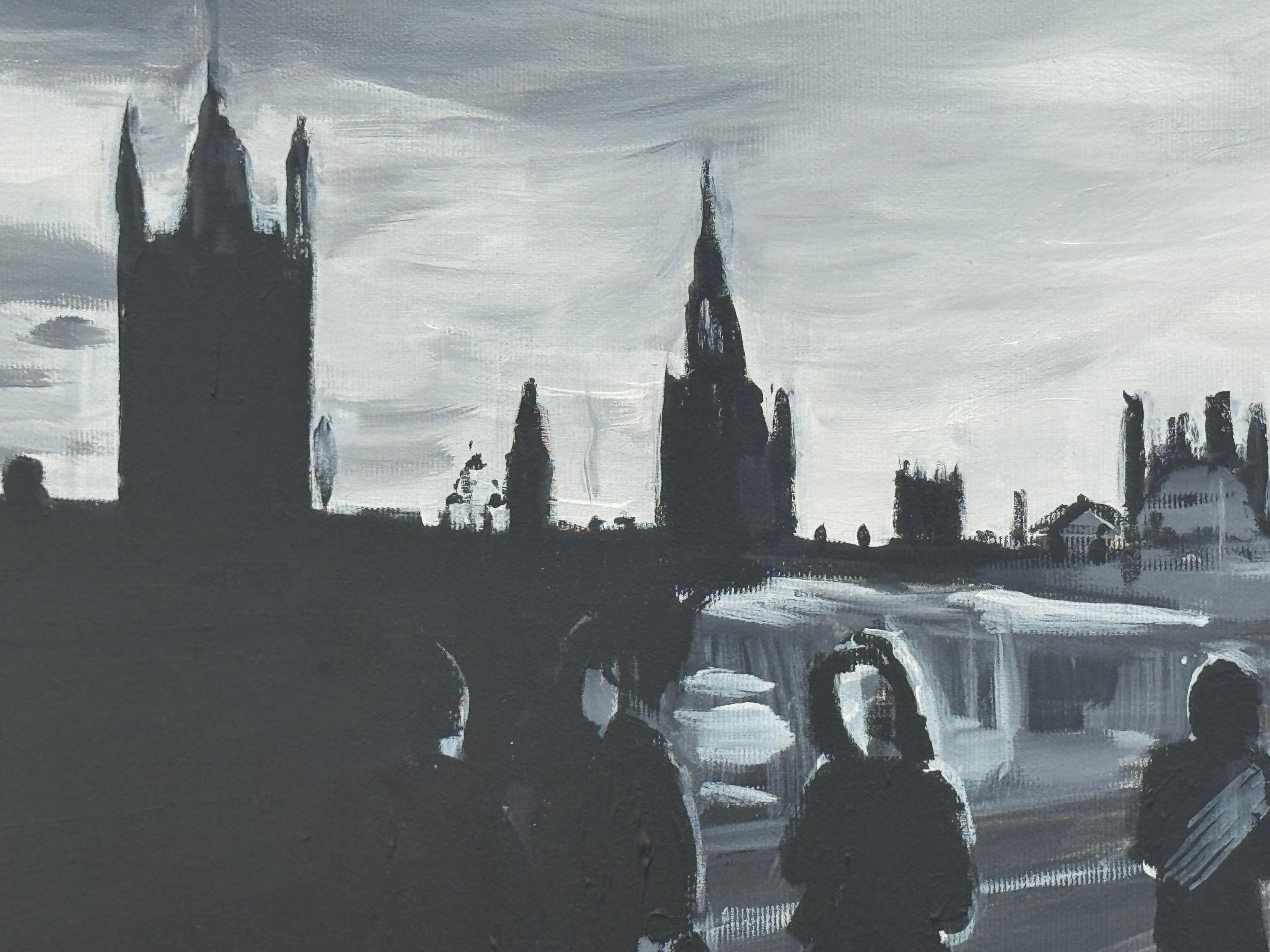 Peinture en noir et blanc du pont de Westminster à Londres par un artiste urbain britannique en vente 9