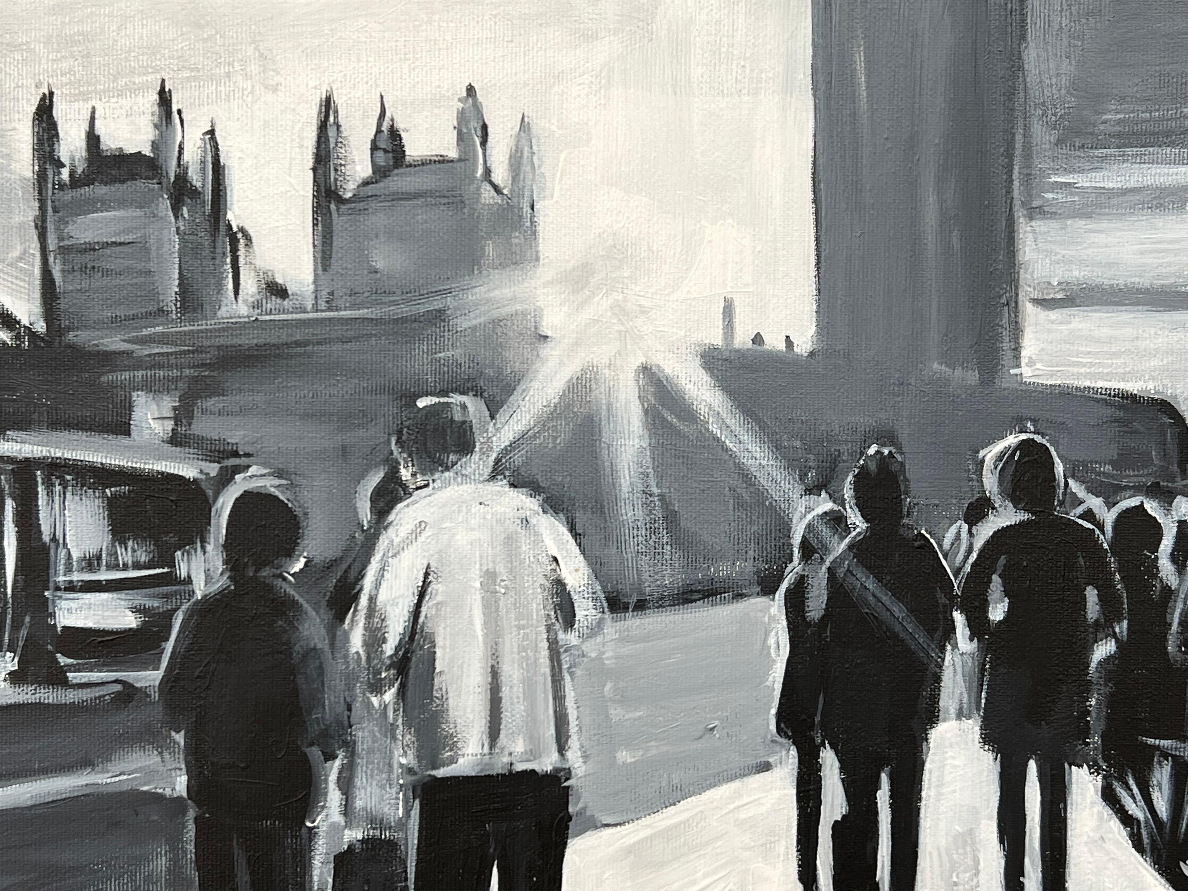 Black & White Painting of Westminster Bridge in London by British Urban Artist For Sale 10