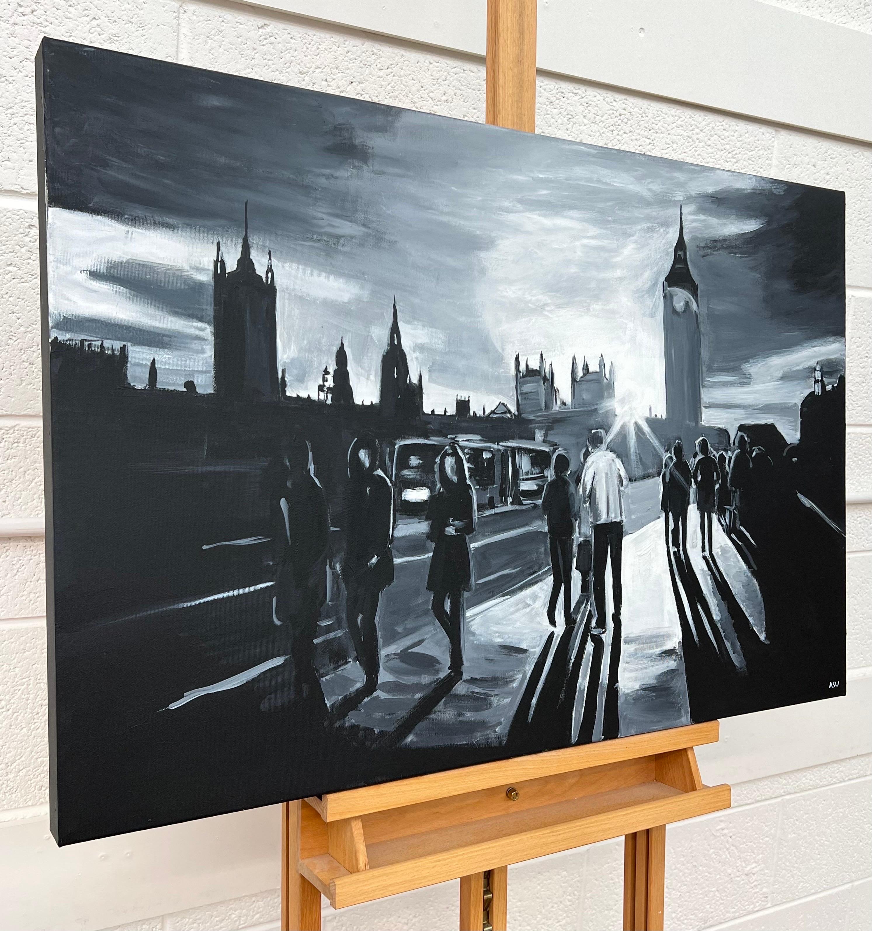 Schwarz-Weiß-Gemälde der Westminster Bridge in London des britischen Stadtarchitekten – Painting von Angela Wakefield