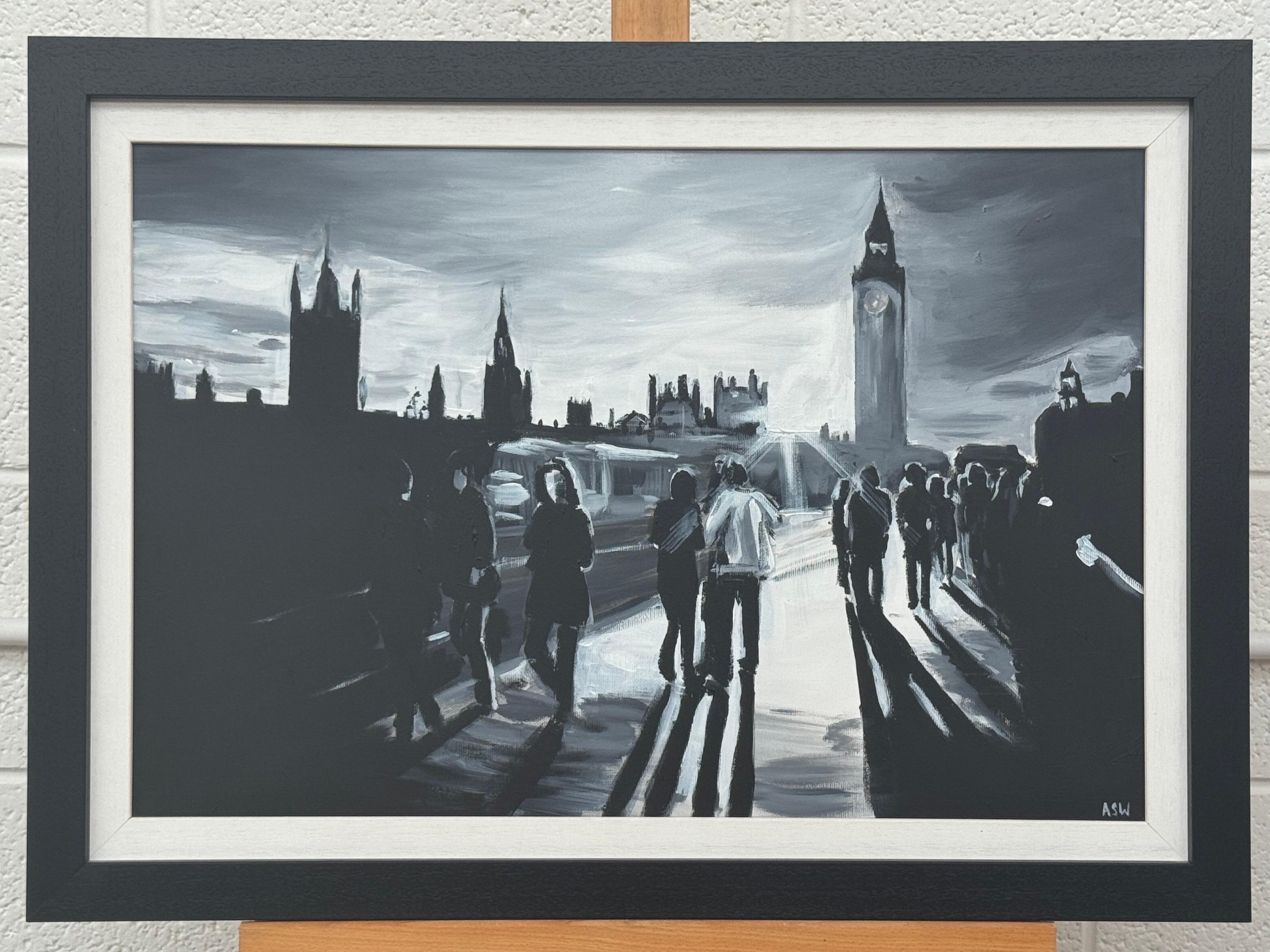 Peinture en noir et blanc du pont de Westminster à Londres par un artiste urbain britannique - Painting de Angela Wakefield