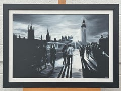 Schwarz-Weiß-Gemälde der Westminster Bridge in London von einem britischen Urban Artist