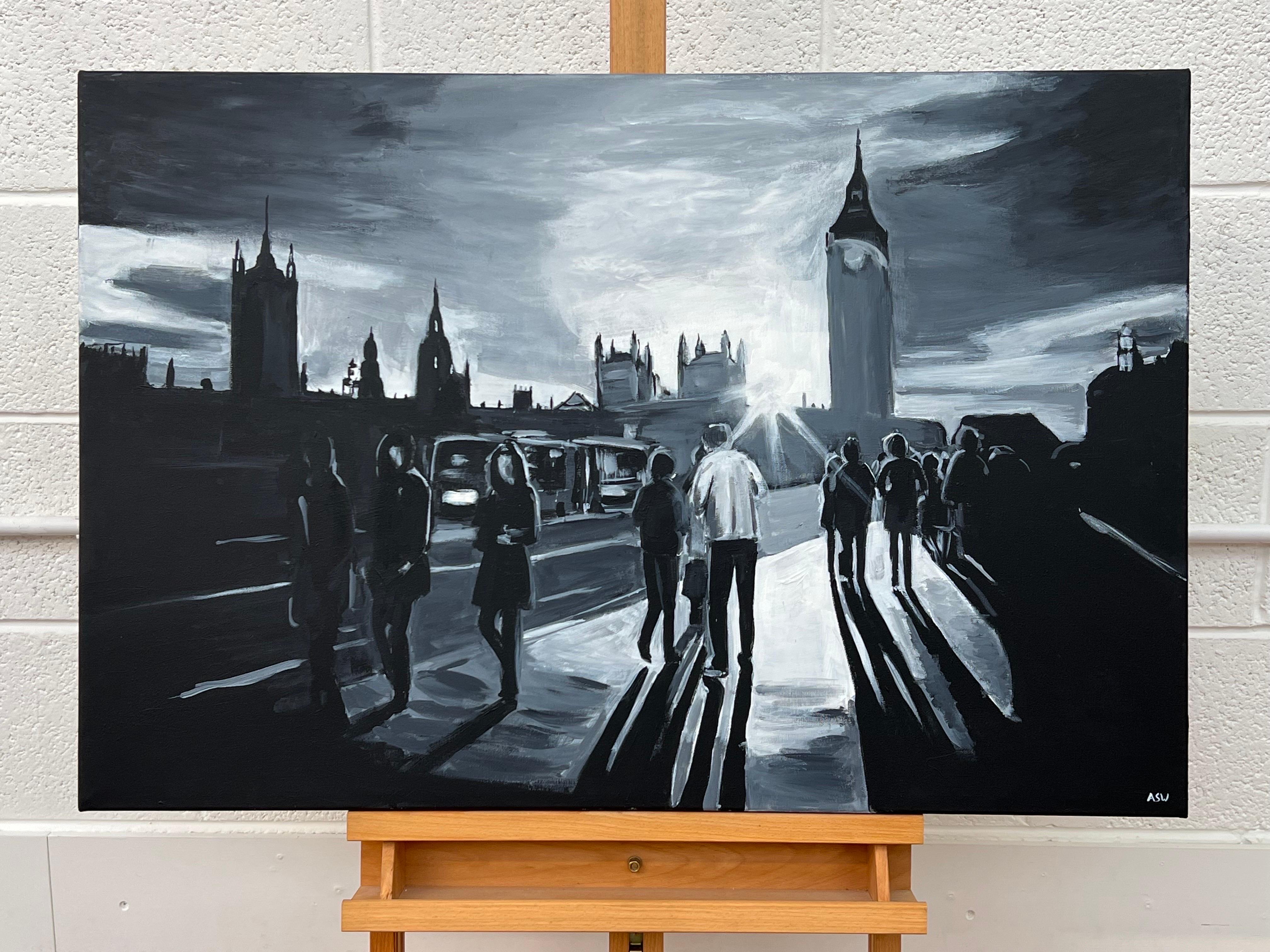 Schwarz-Weiß-Gemälde der Westminster Bridge in London des britischen Stadtarchitekten (Zeitgenössisch), Painting, von Angela Wakefield