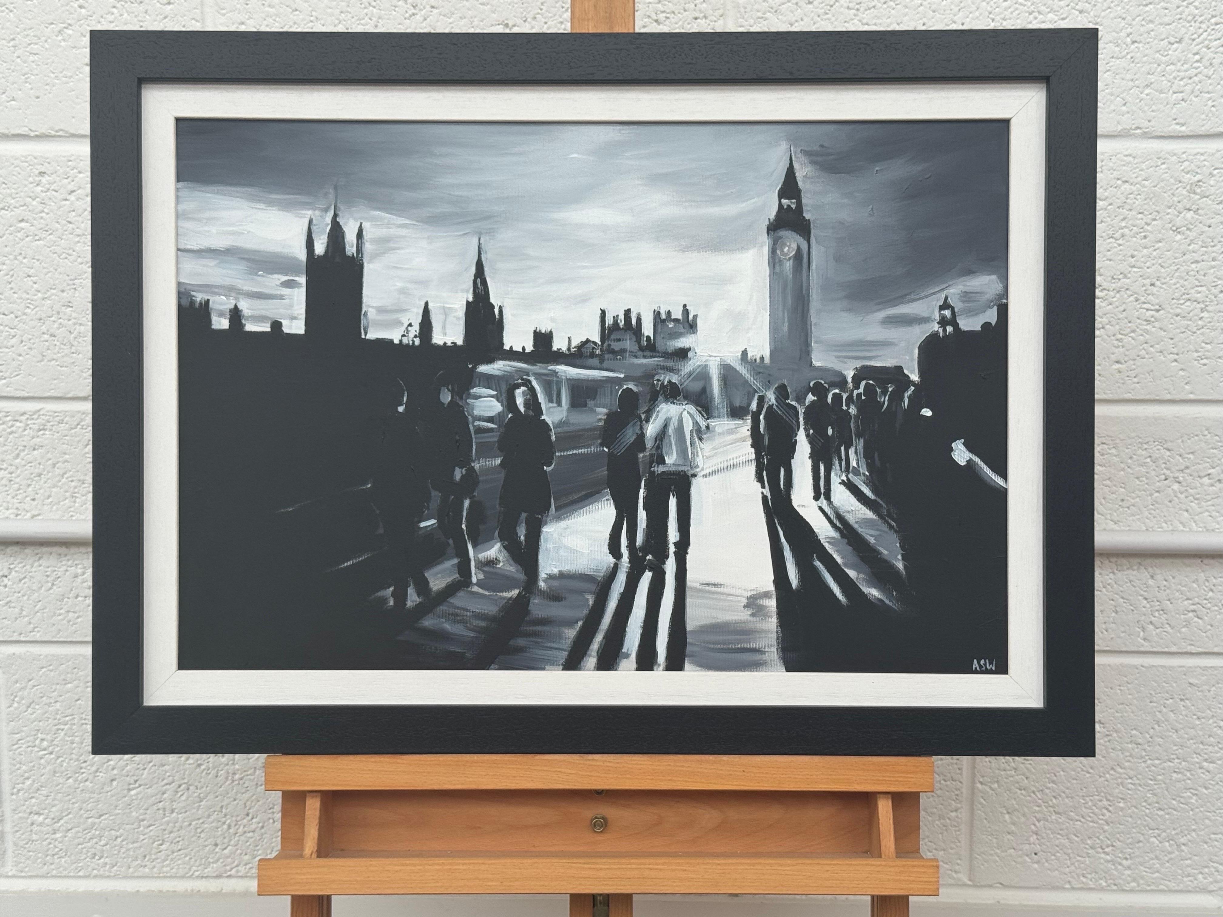 Peinture en noir et blanc du pont de Westminster à Londres par un artiste urbain britannique - Contemporain Painting par Angela Wakefield