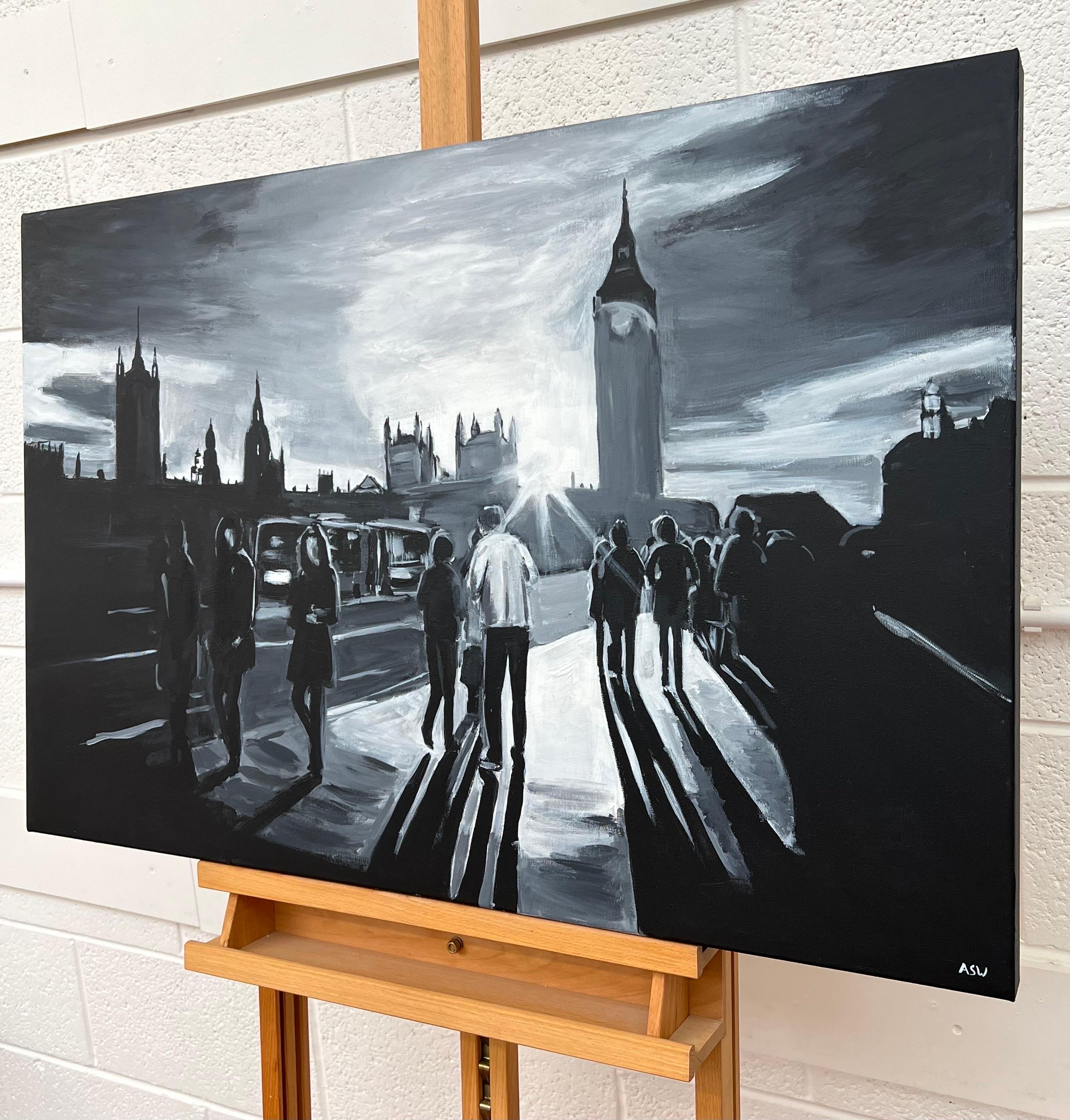 Schwarz-Weiß-Gemälde von Figuren an der Westminster Bridge in London - ein einzigartiges Original der führenden britischen Künstlerin für Stadtlandschaften und Stadtbilder, Angela Wakefield. 

Kunst misst 36 x 24 Zoll

Angela Wakefield war zweimal