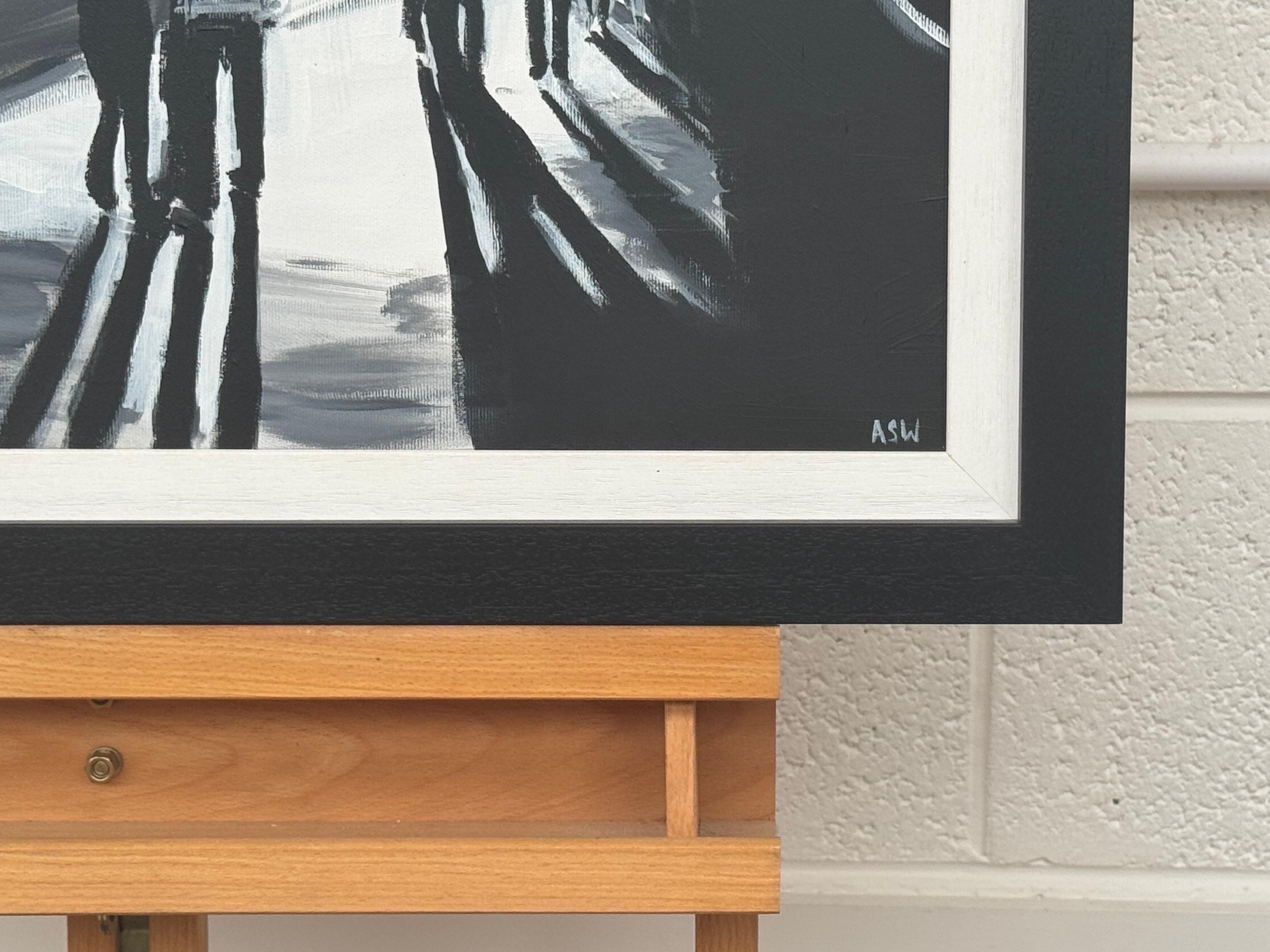 Peinture en noir et blanc du pont de Westminster à Londres par un artiste urbain britannique - Noir Landscape Painting par Angela Wakefield