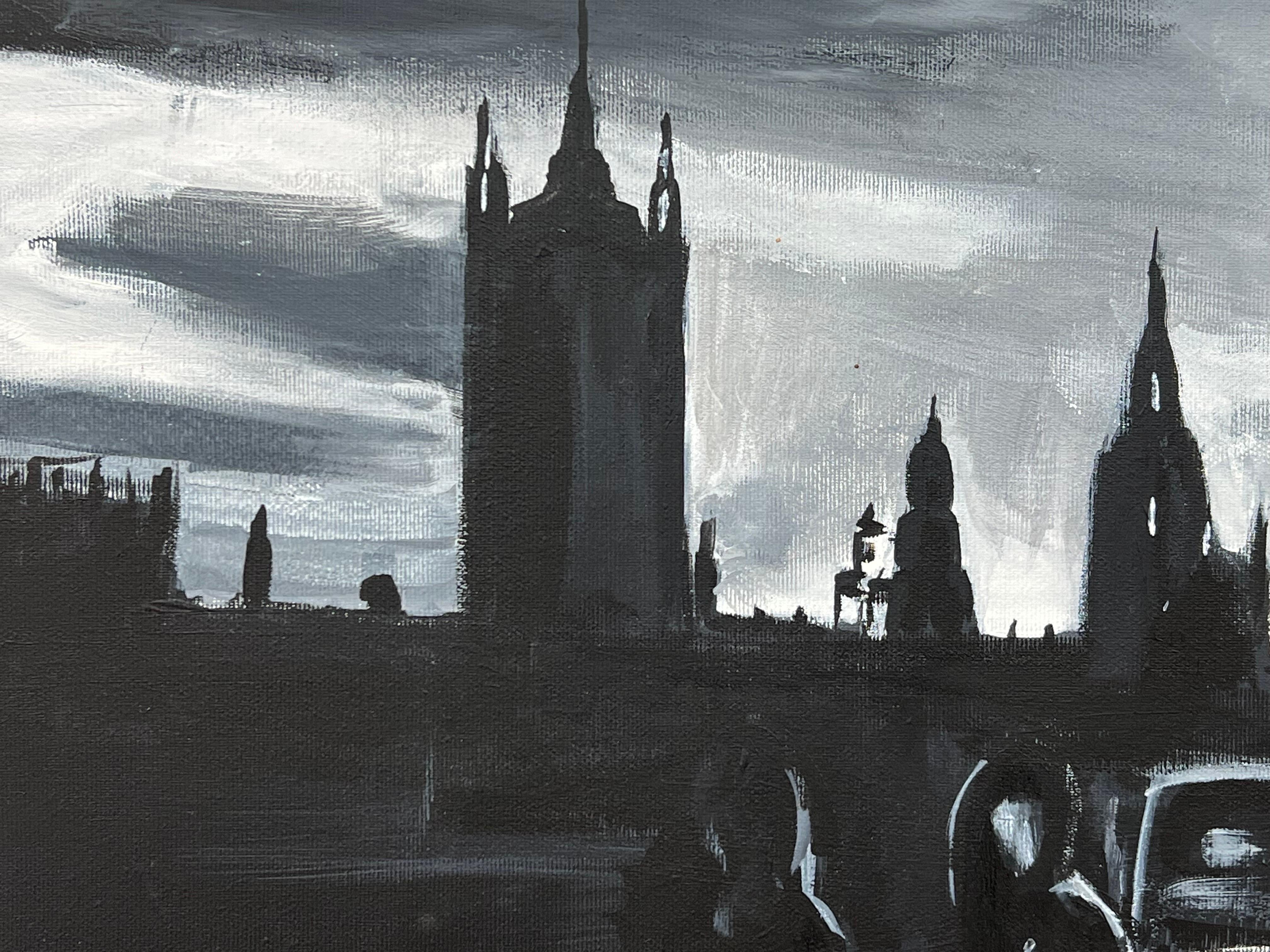 Black & White Painting of Westminster Bridge in London by British Urban Artist For Sale 3
