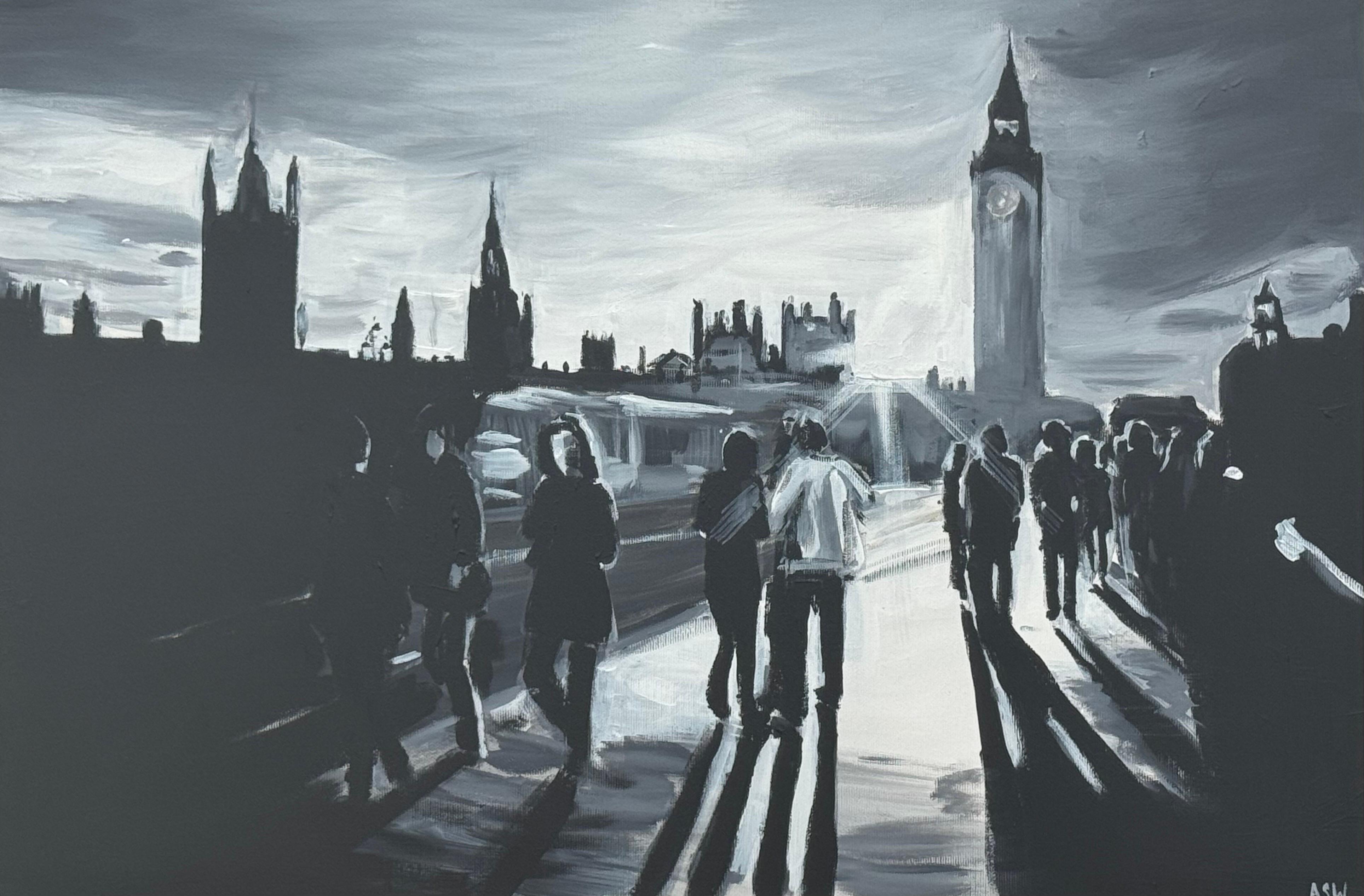 Peinture en noir et blanc du pont de Westminster à Londres par un artiste urbain britannique en vente 3