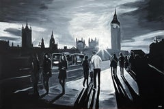 Black & White Painting of Westminster Bridge in London by British Urban Artist