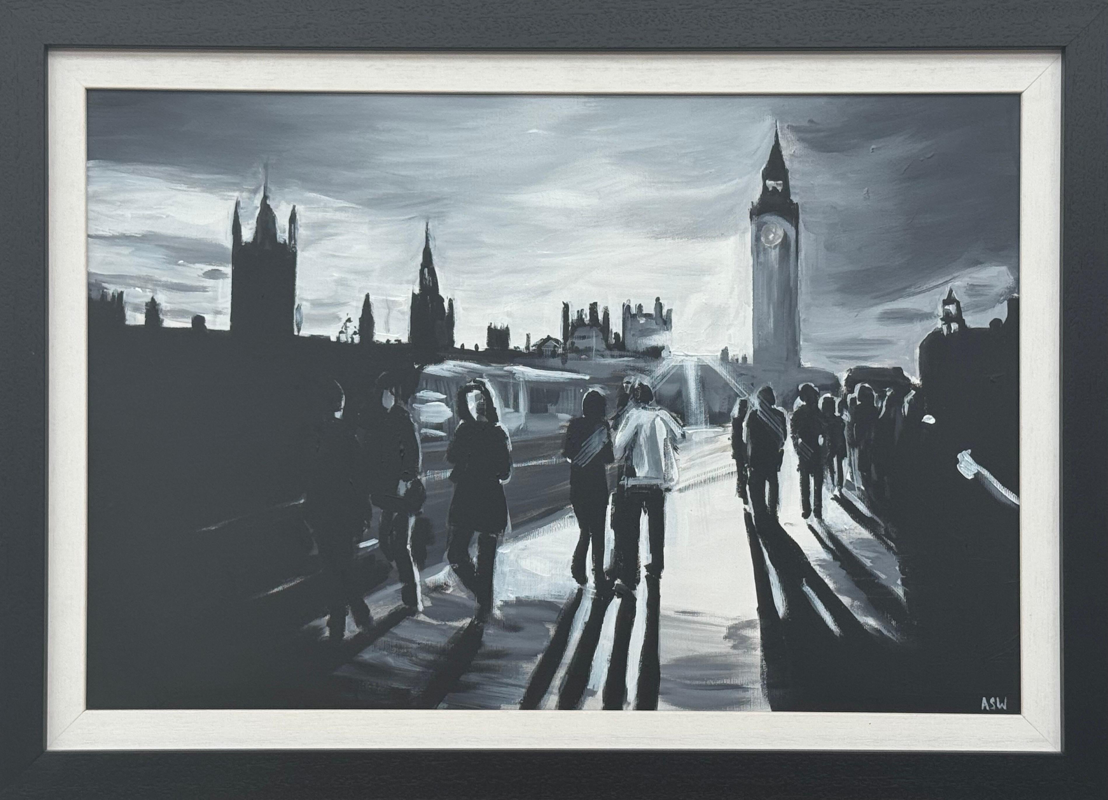 Landscape Painting Angela Wakefield - Peinture en noir et blanc du pont de Westminster à Londres par un artiste urbain britannique