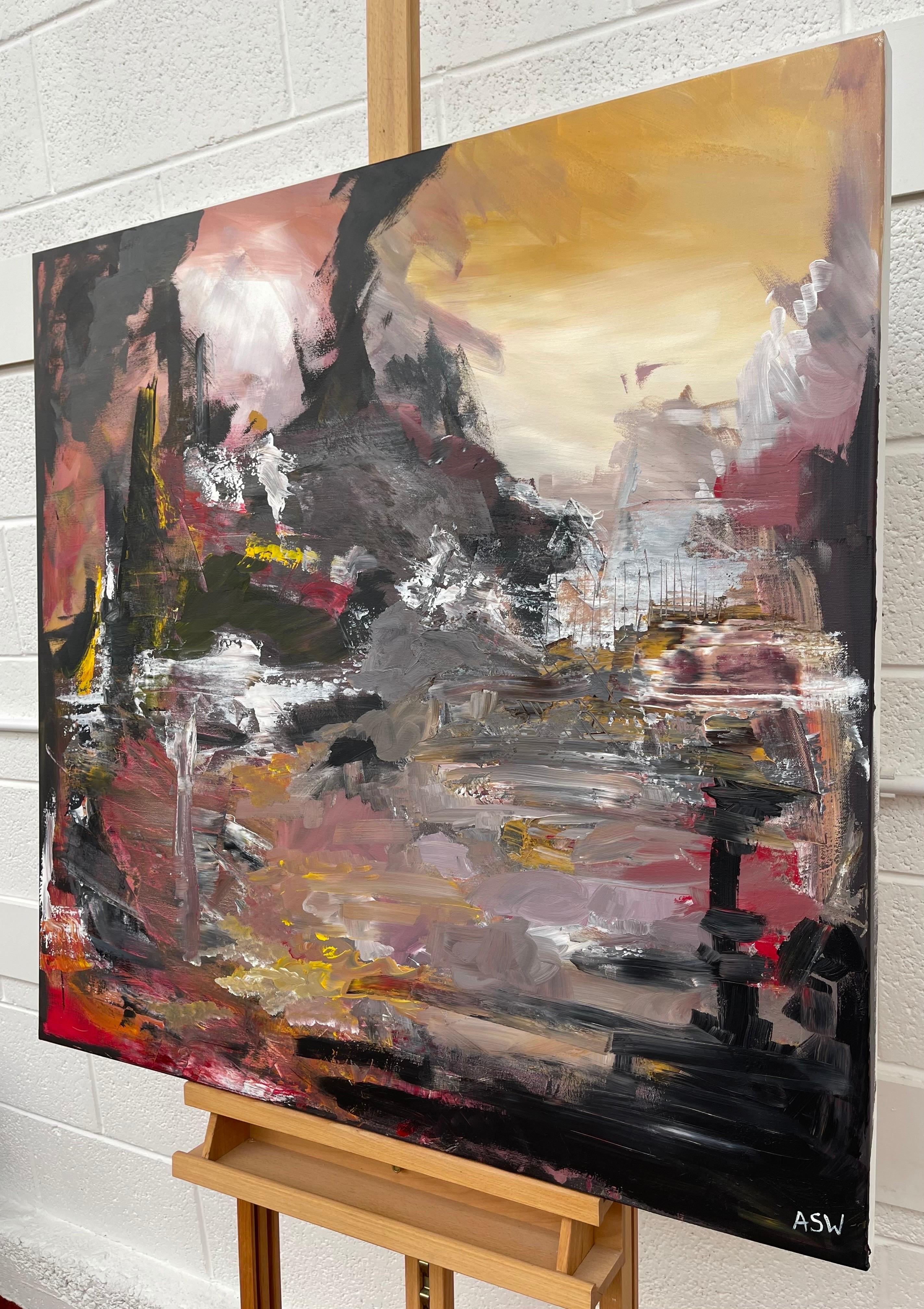 Negro Amarillo y Rojo Arte Expresionista Abstracto de Artista Británico Contemporáneo - Abstract Painting Marrón de Angela Wakefield