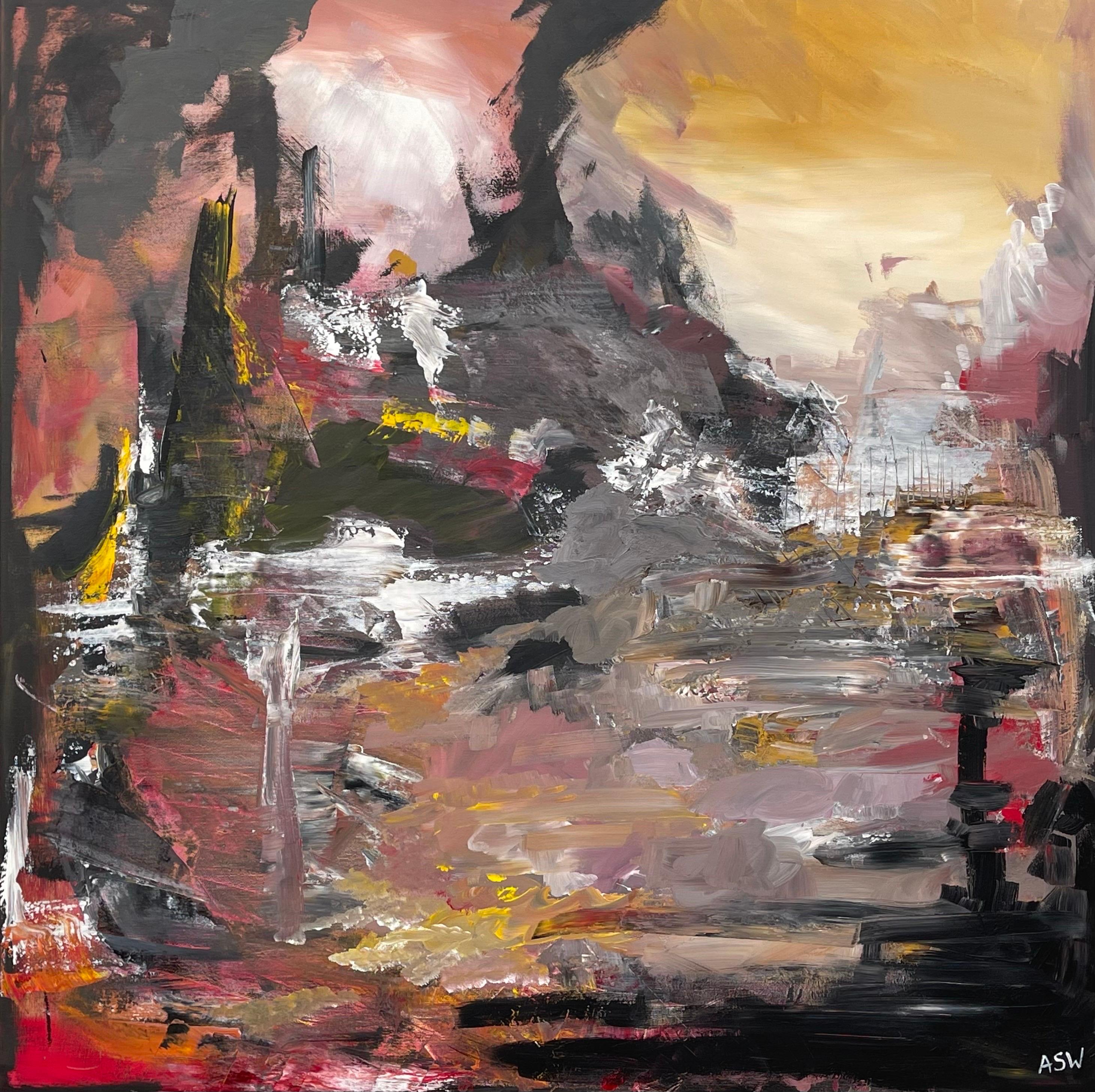 Art expressionniste abstrait noir, jaune et rouge d'un artiste britannique contemporain