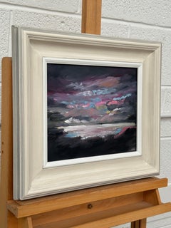 Paesaggio astratto dalle atmosfere malinconiche in blu, rosa e nero, olio su tela, artista britannico