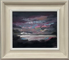 Paesaggio astratto dalle atmosfere malinconiche in blu, rosa e nero, olio su tela, artista britannico