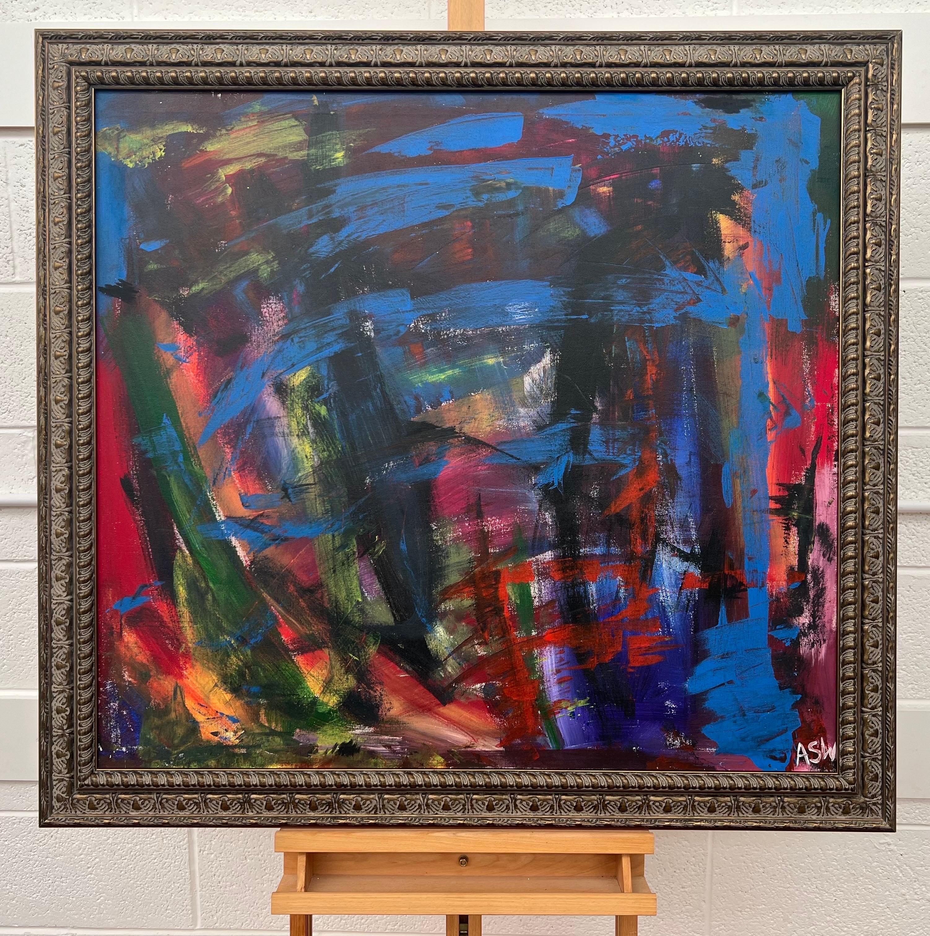 Abstrakt-expressionistisches Gemälde des britischen zeitgenössischen Künstlers in Blau, Rot und Grün im Angebot 10