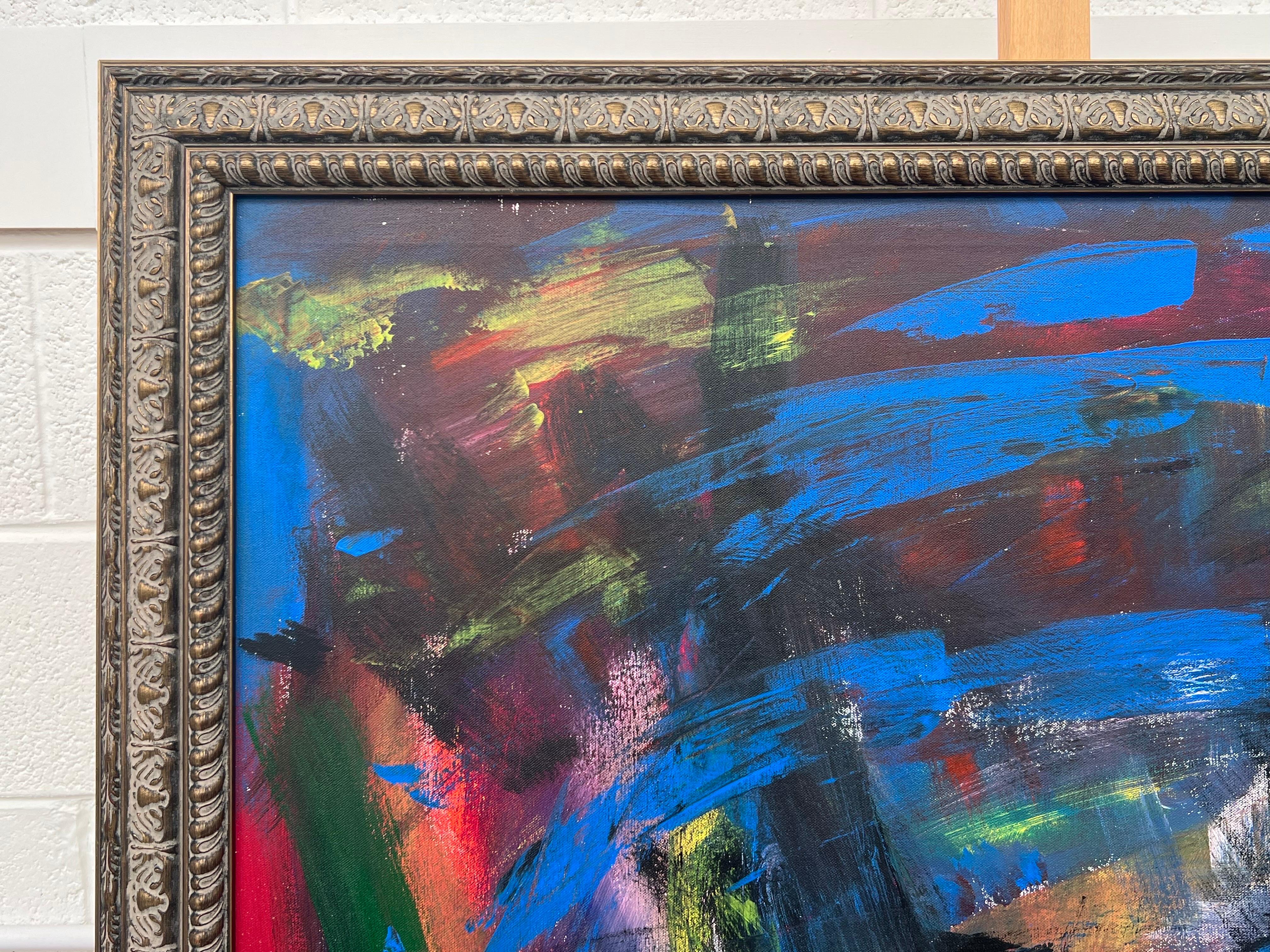 Abstrakt-expressionistisches Gemälde des britischen zeitgenössischen Künstlers in Blau, Rot und Grün im Angebot 11