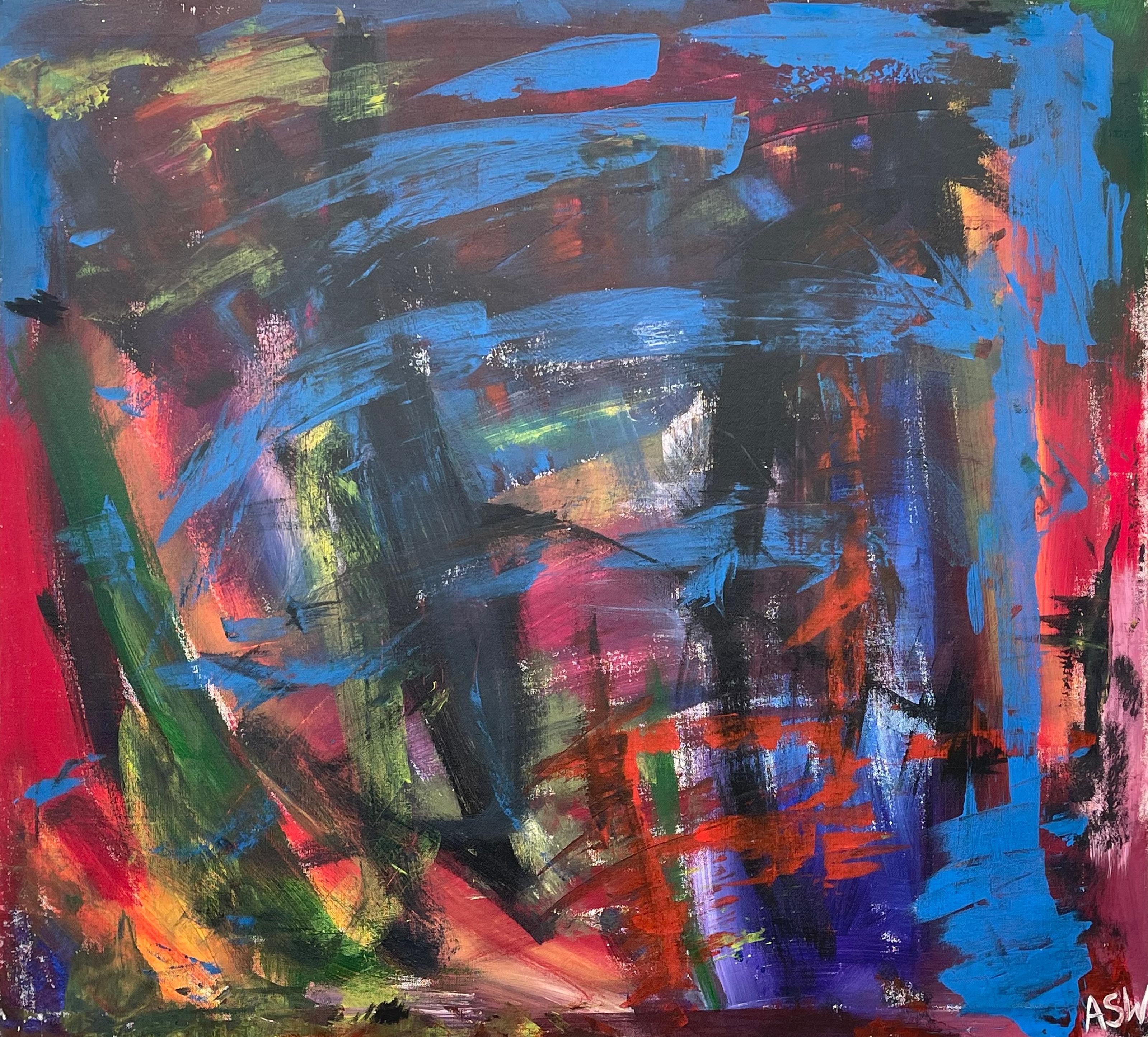 Abstrakt-expressionistisches Gemälde des britischen zeitgenössischen Künstlers in Blau, Rot und Grün im Angebot 14