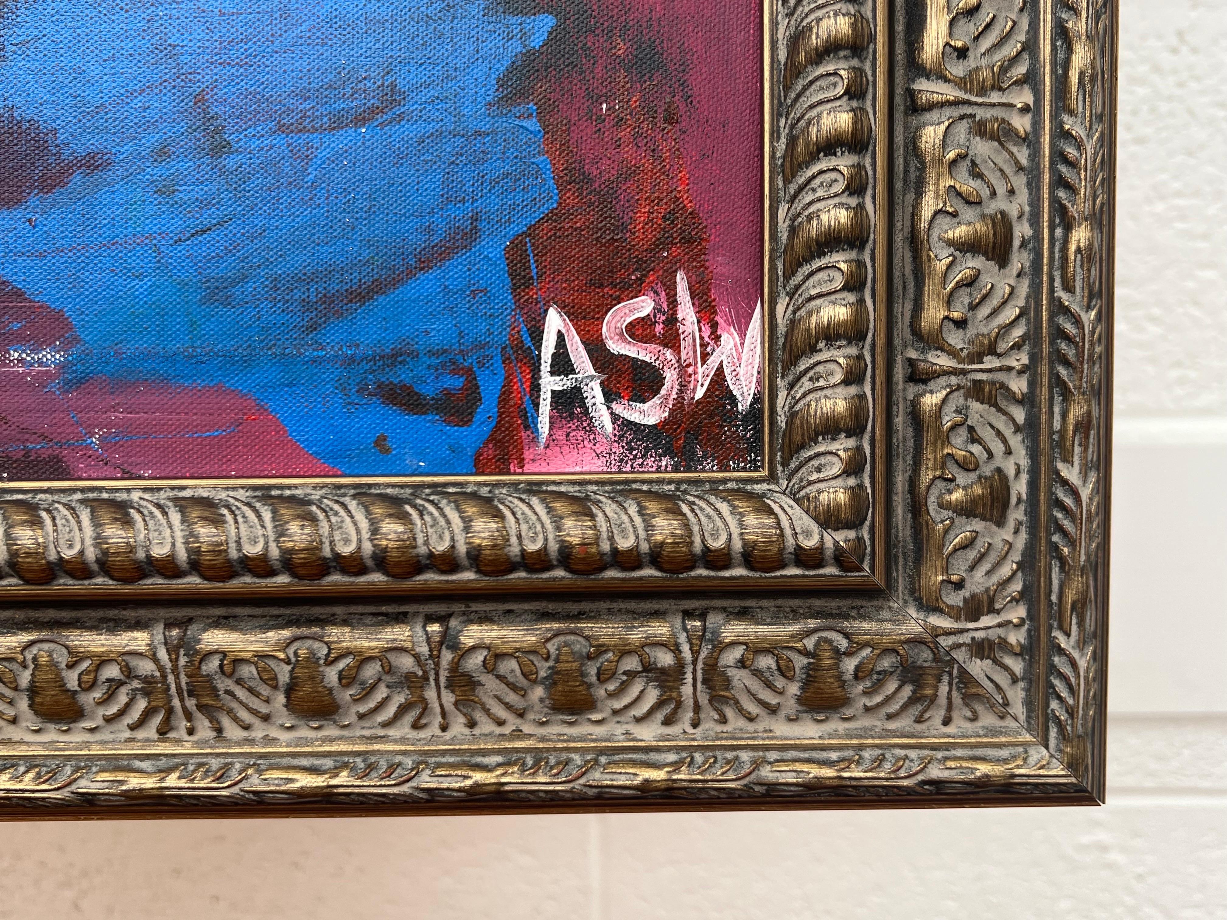 Abstrakt-expressionistisches Gemälde des britischen zeitgenössischen Künstlers in Blau, Rot und Grün im Angebot 15