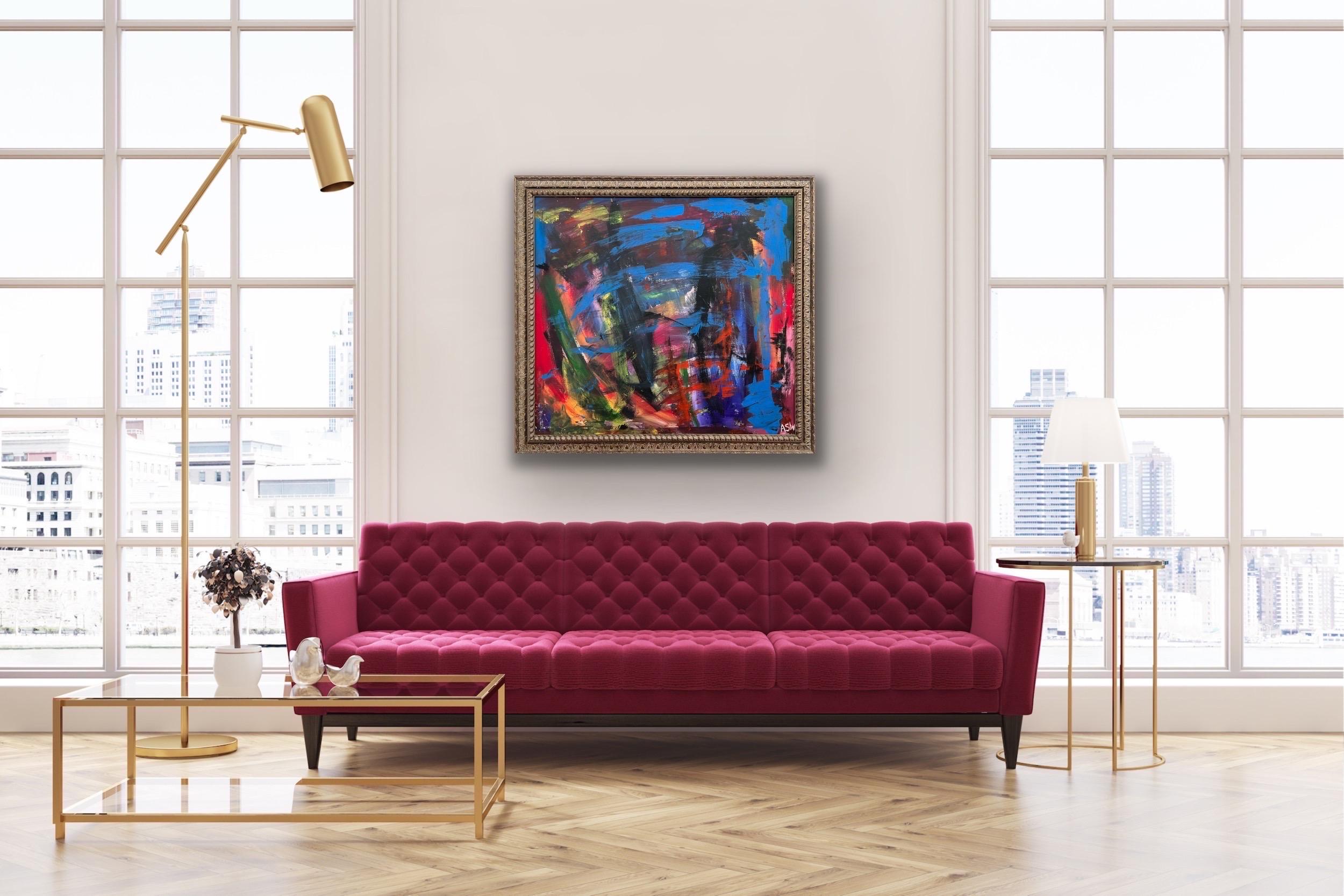 Abstrakt-expressionistisches Gemälde des britischen zeitgenössischen Künstlers in Blau, Rot und Grün (Abstrakter Expressionismus), Painting, von Angela Wakefield