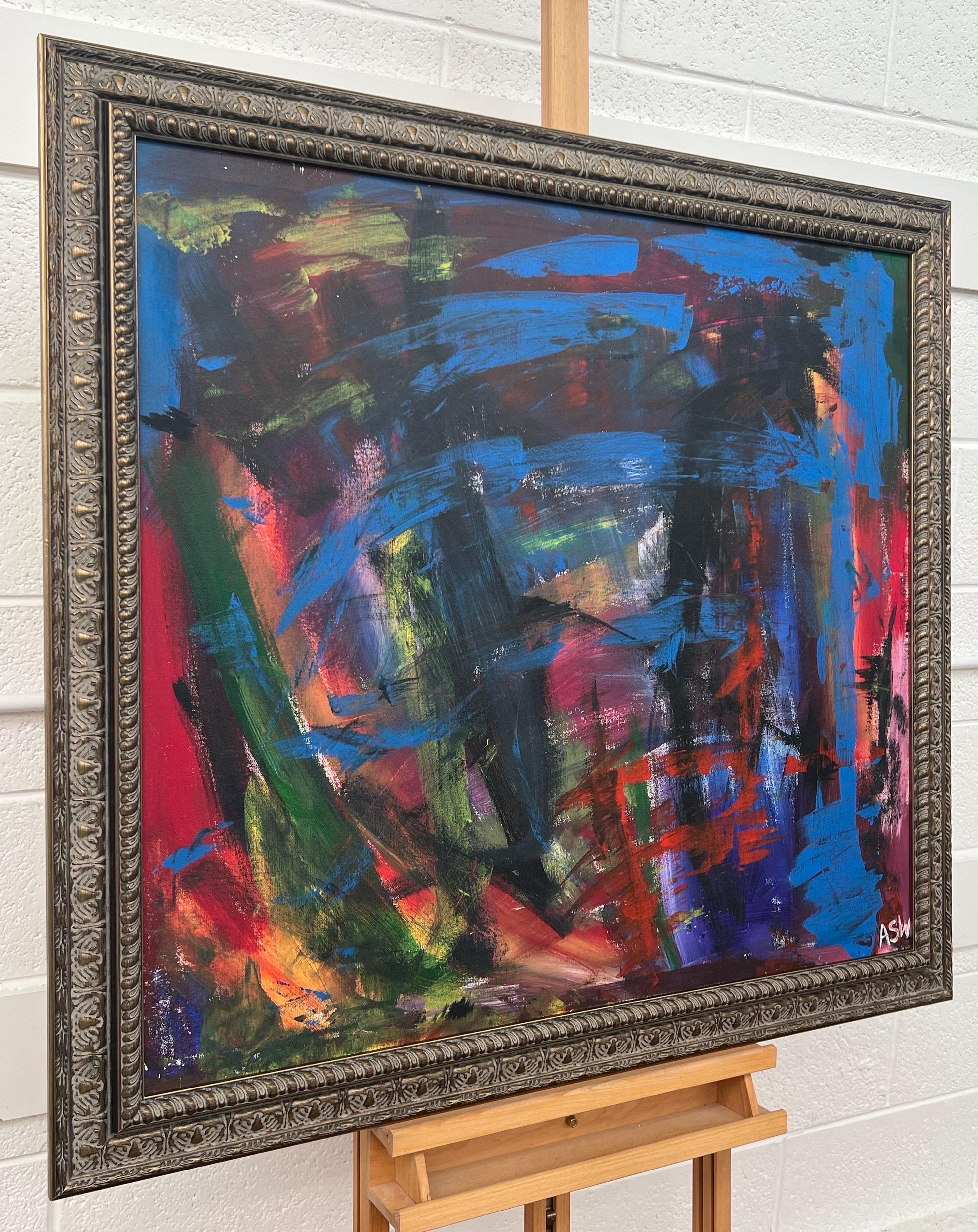 Abstraktes expressionistisches Gemälde in den Farben Blau, Rot und Grün mit dem Titel 