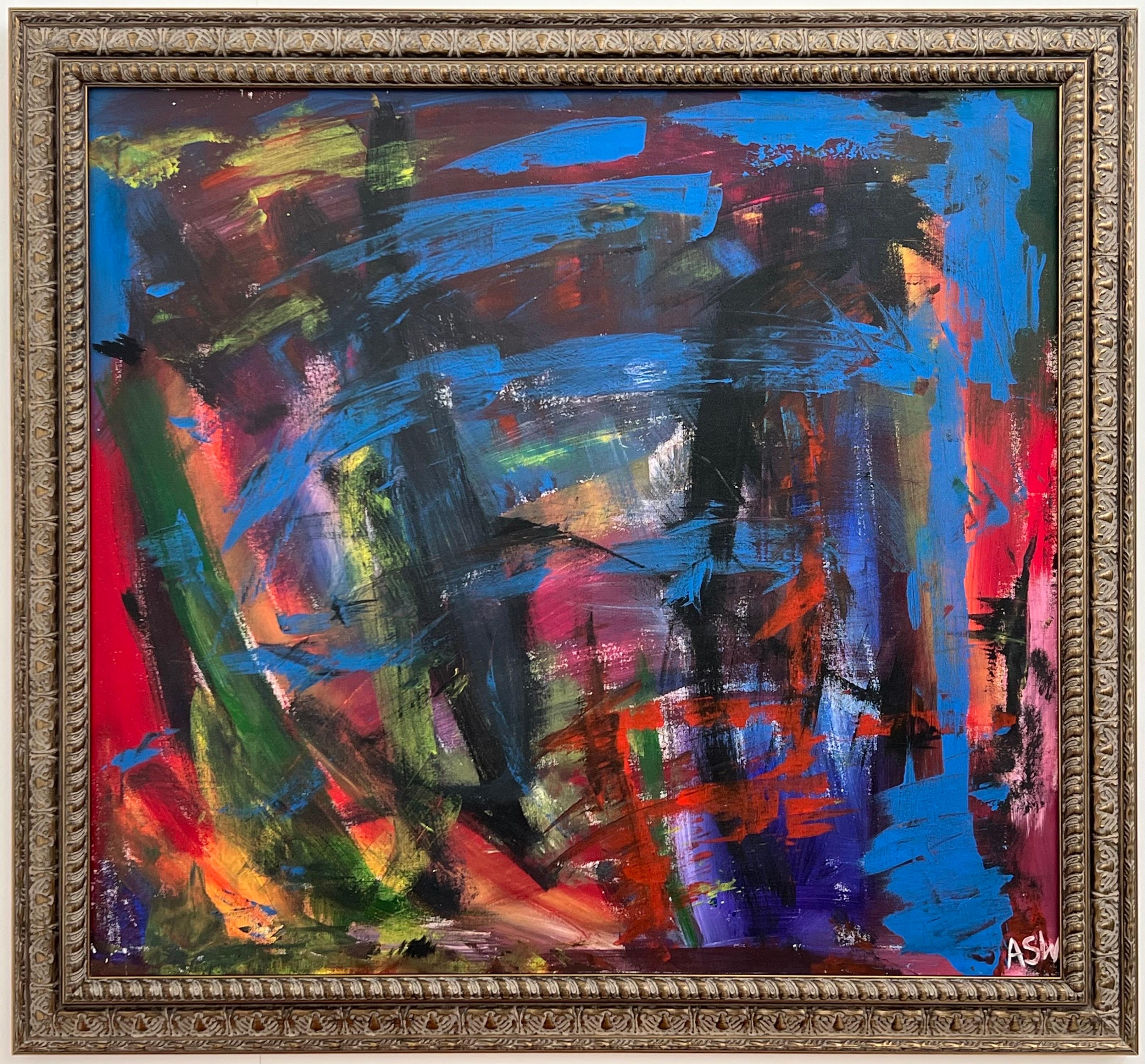 Blue, Red & Green Abstract Expressionist Painting, entitled 'Tropical City #1', an extremely rare early work from leading British Contemporary Artist, Angela Wakefield. This colourful & energetic artwork is from an intense body of gestural abstract