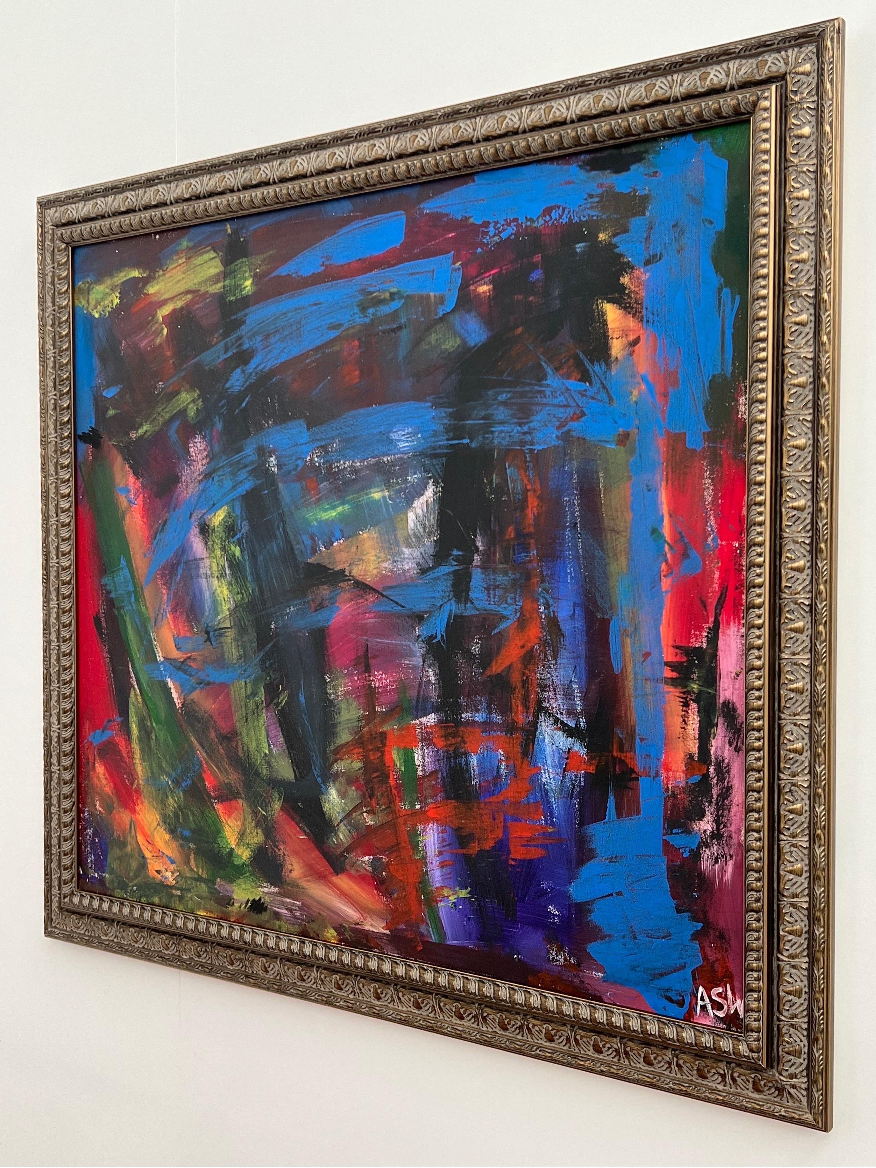 Abstrakt-expressionistisches Gemälde des britischen zeitgenössischen Künstlers in Blau, Rot und Grün im Angebot 2