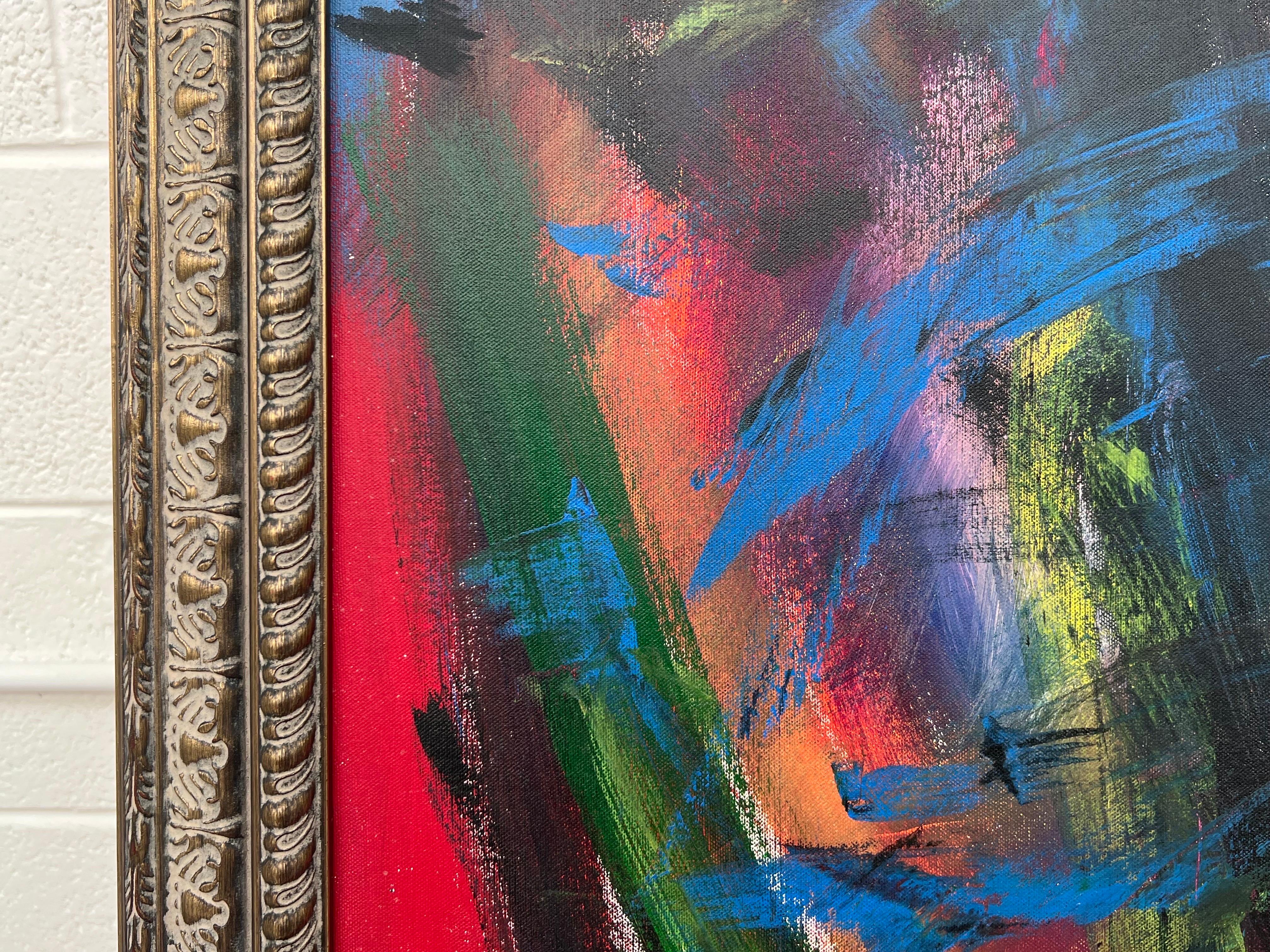 Abstrakt-expressionistisches Gemälde des britischen zeitgenössischen Künstlers in Blau, Rot und Grün im Angebot 4