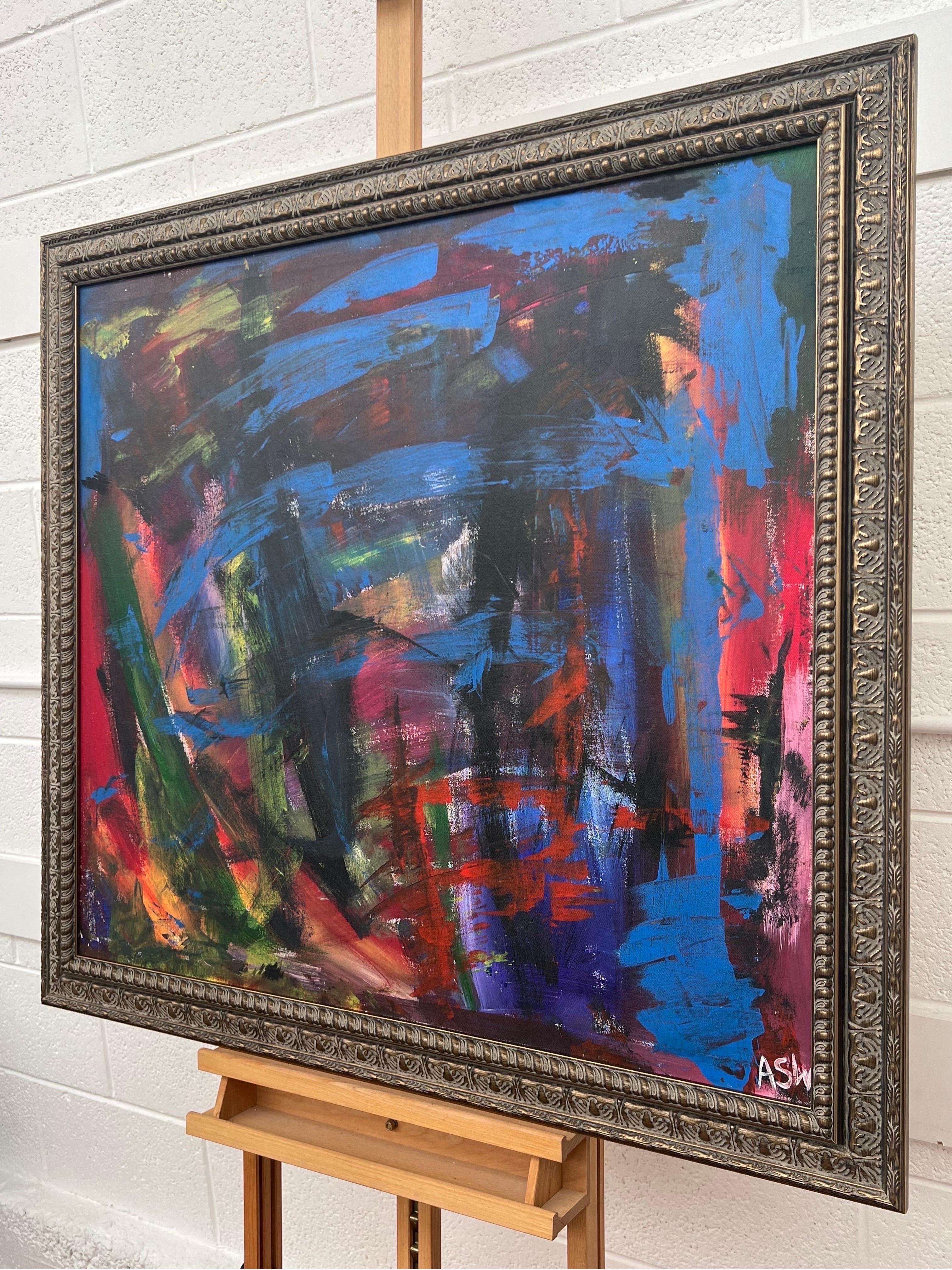 Abstrakt-expressionistisches Gemälde des britischen zeitgenössischen Künstlers in Blau, Rot und Grün im Angebot 5