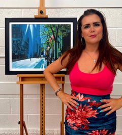 Cielo blu al sole di New York City dell'artista britannico di paesaggi urbani contemporanei