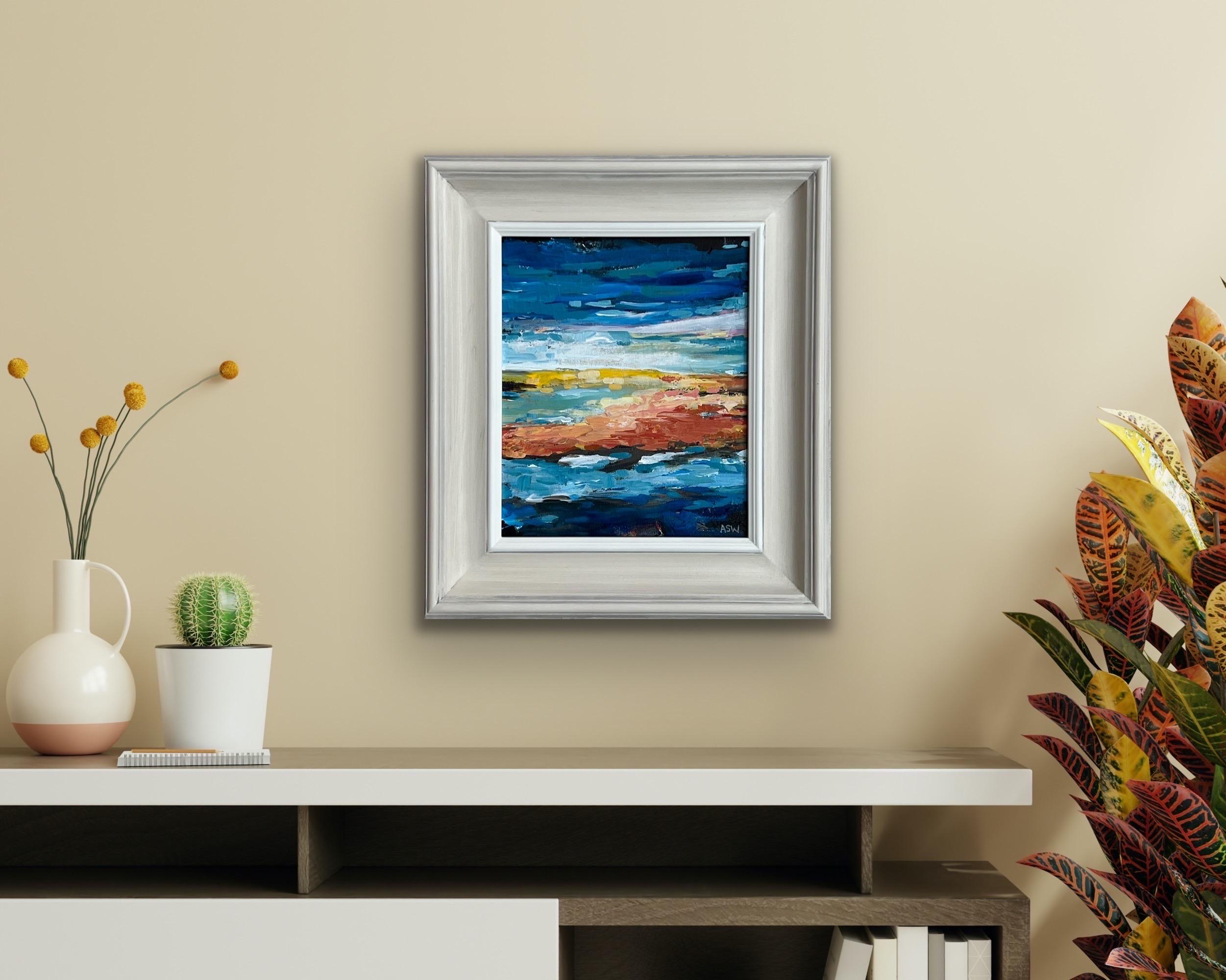 Paysage de paysage marin abstrait impressionniste bleu et jaune par l'artiste contemporain en vente 1