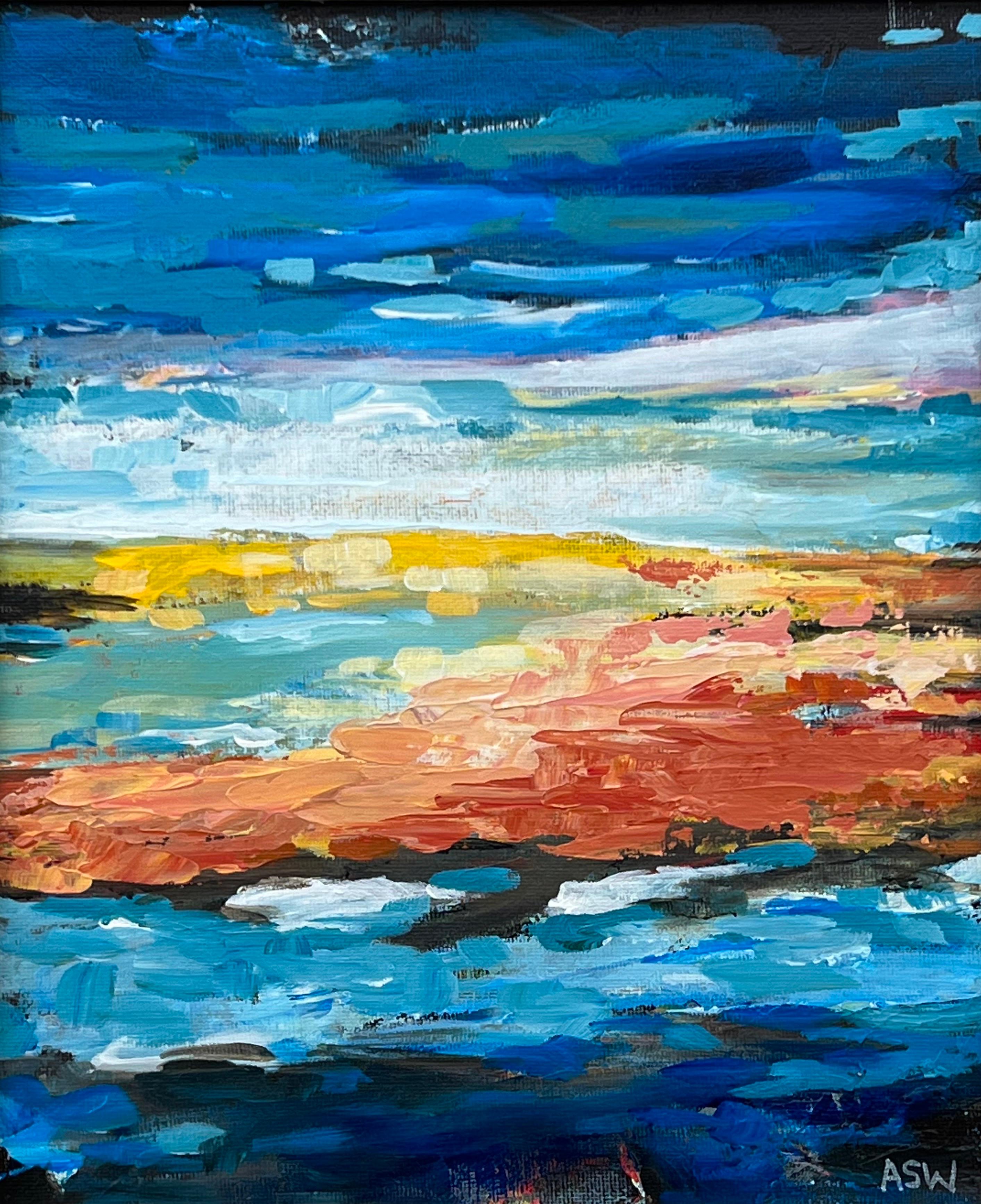 Paysage de paysage marin abstrait impressionniste bleu et jaune par l'artiste contemporain en vente 5