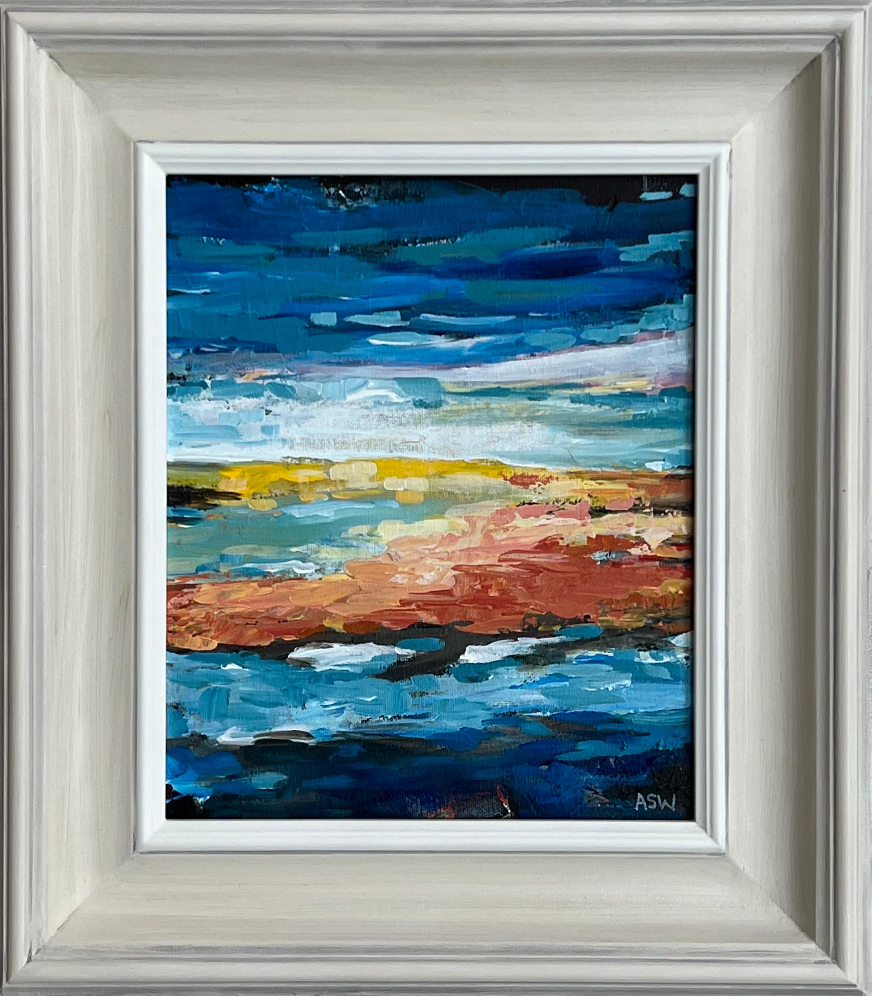 Angela Wakefield Abstract Painting - Blue & Yellow Abstract Impressionist Seascape Landscape by Contemporary Artist