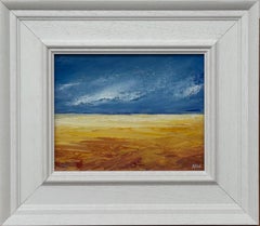 Paesaggio astratto blu e giallo, olio su tela, artista britannico contemporaneo