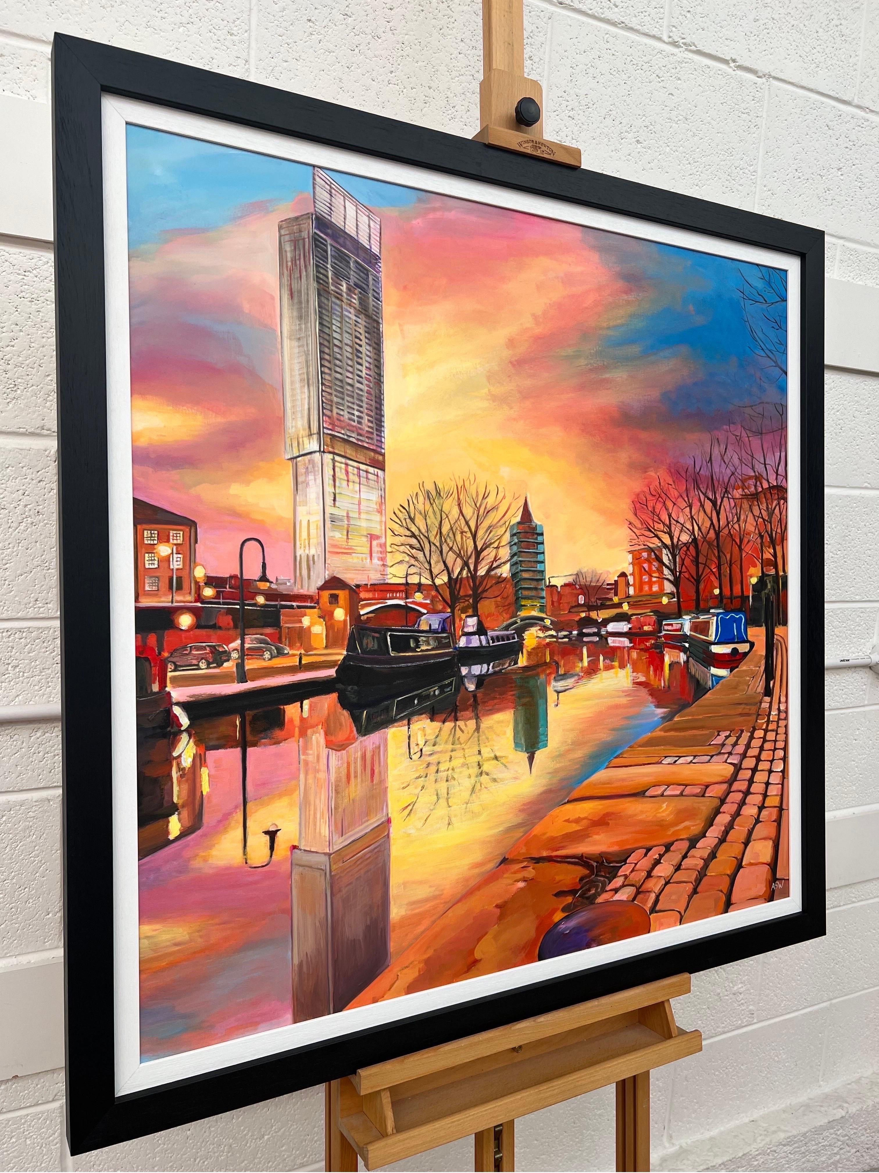 Ein Originalgemälde der Bridgewater-Kanal-Szene in der Industriestadt Manchester, England, von der britischen Stadtbildkünstlerin Angela Wakefield. Sie fängt die sich verändernde Natur Manchesters ein, sowohl die alte als auch die neue. Die typisch