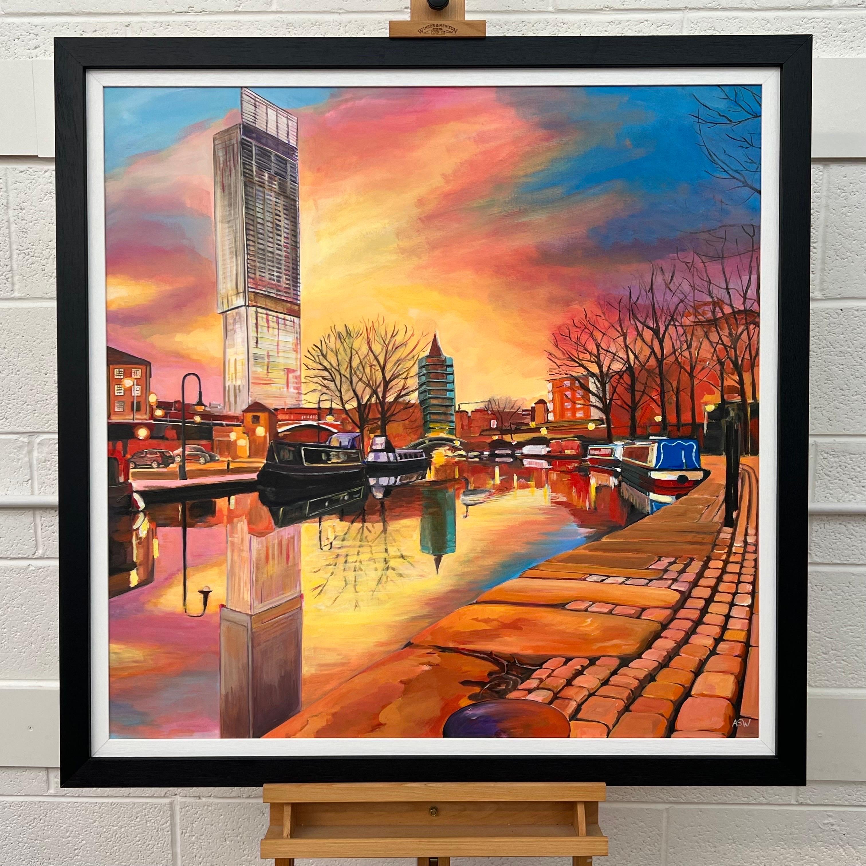Bridgewater Canal Manchester Industrial City by Contemporary British Artist - Brown Landscape Painting by Angela Wakefield