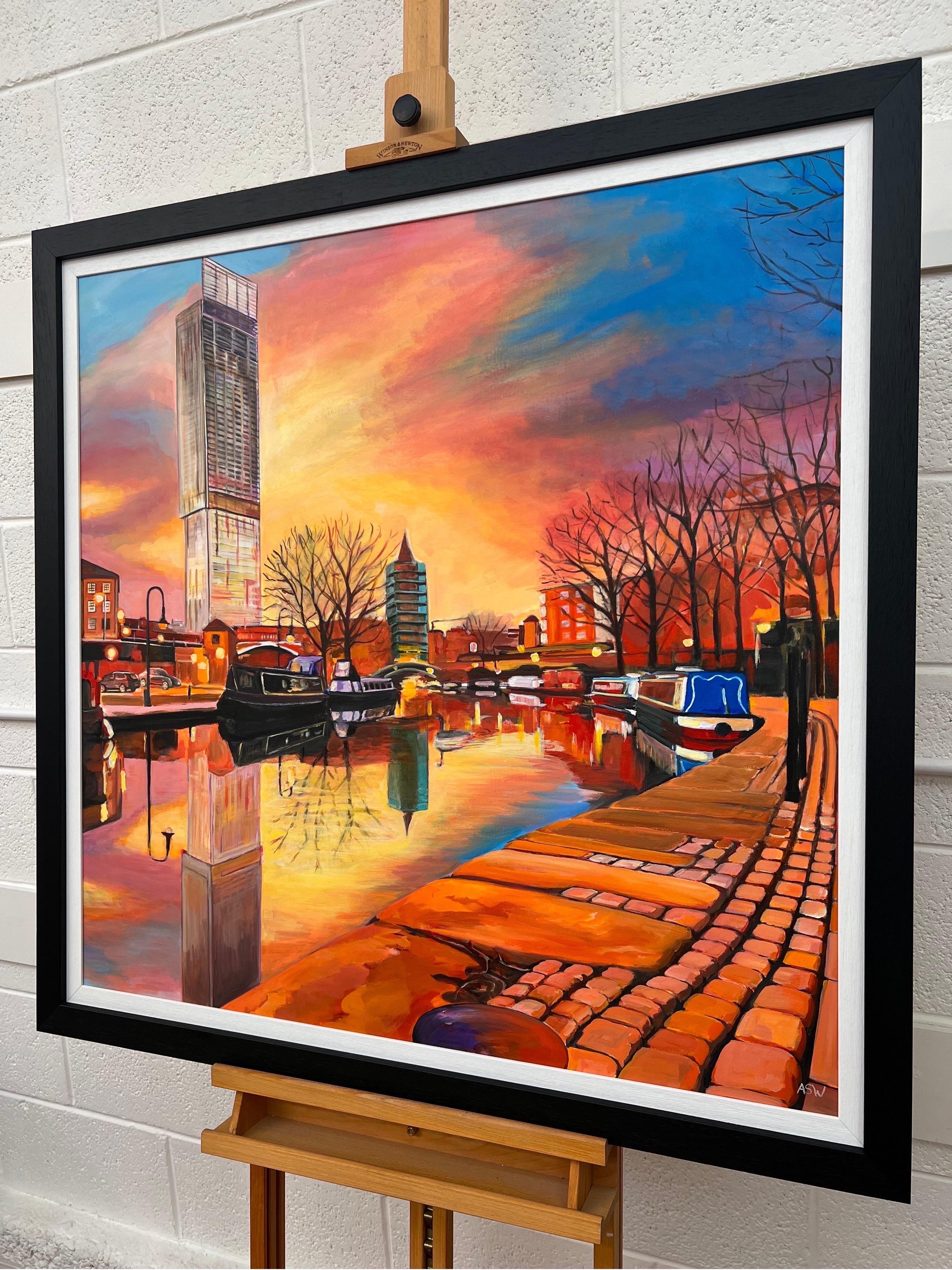 An Original Painting of Bridgewater Canal Scene in the Industrial City of Manchester, England, by British Cityscape Artist Angela Wakefield. It captures the changing nature of Manchester, both the old and the new. The characteristically damp
