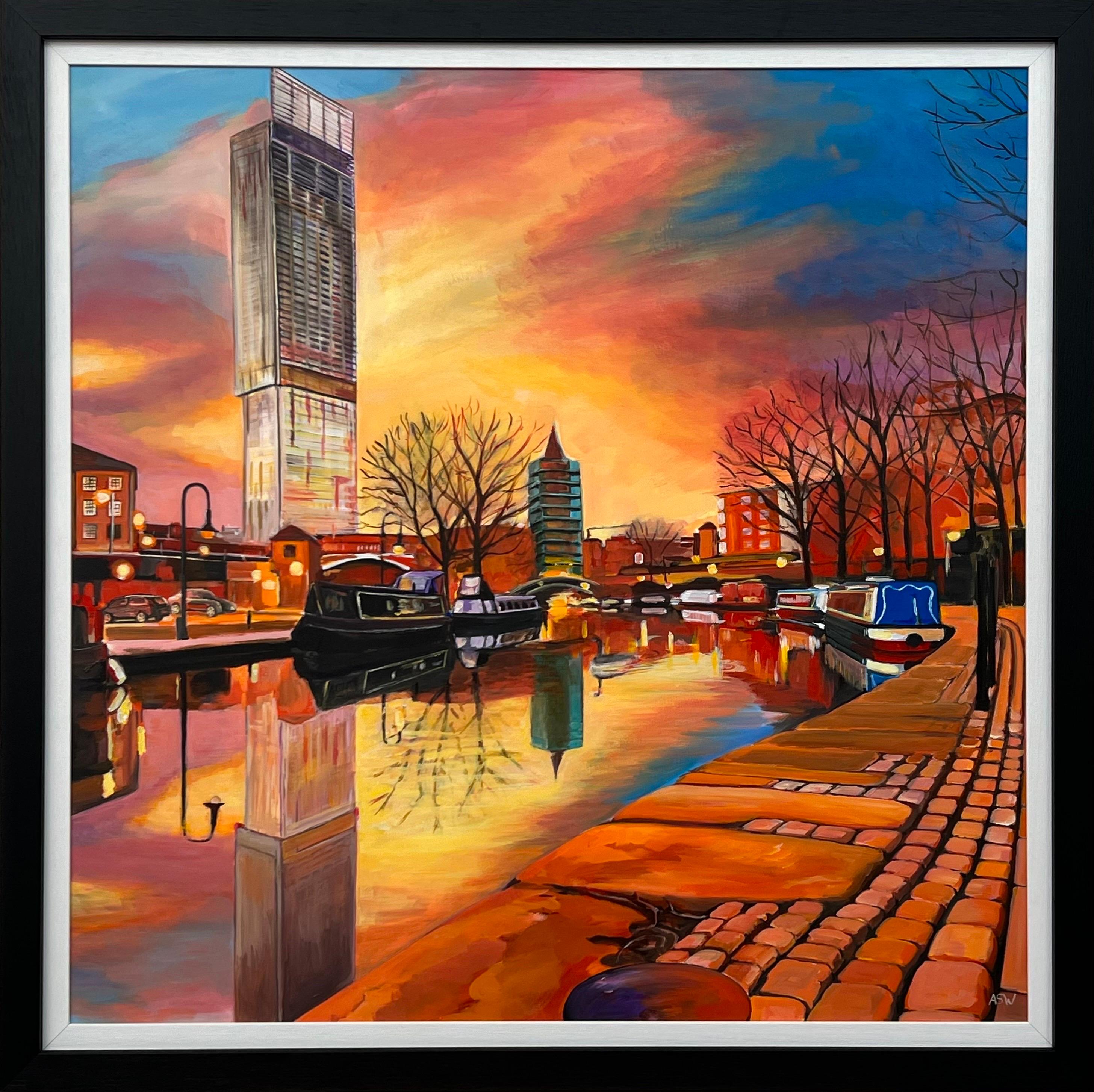 Angela Wakefield Landscape Painting – Manchester Industrial City durch den Bridgewater-Kanal des zeitgenössischen britischen Künstlers