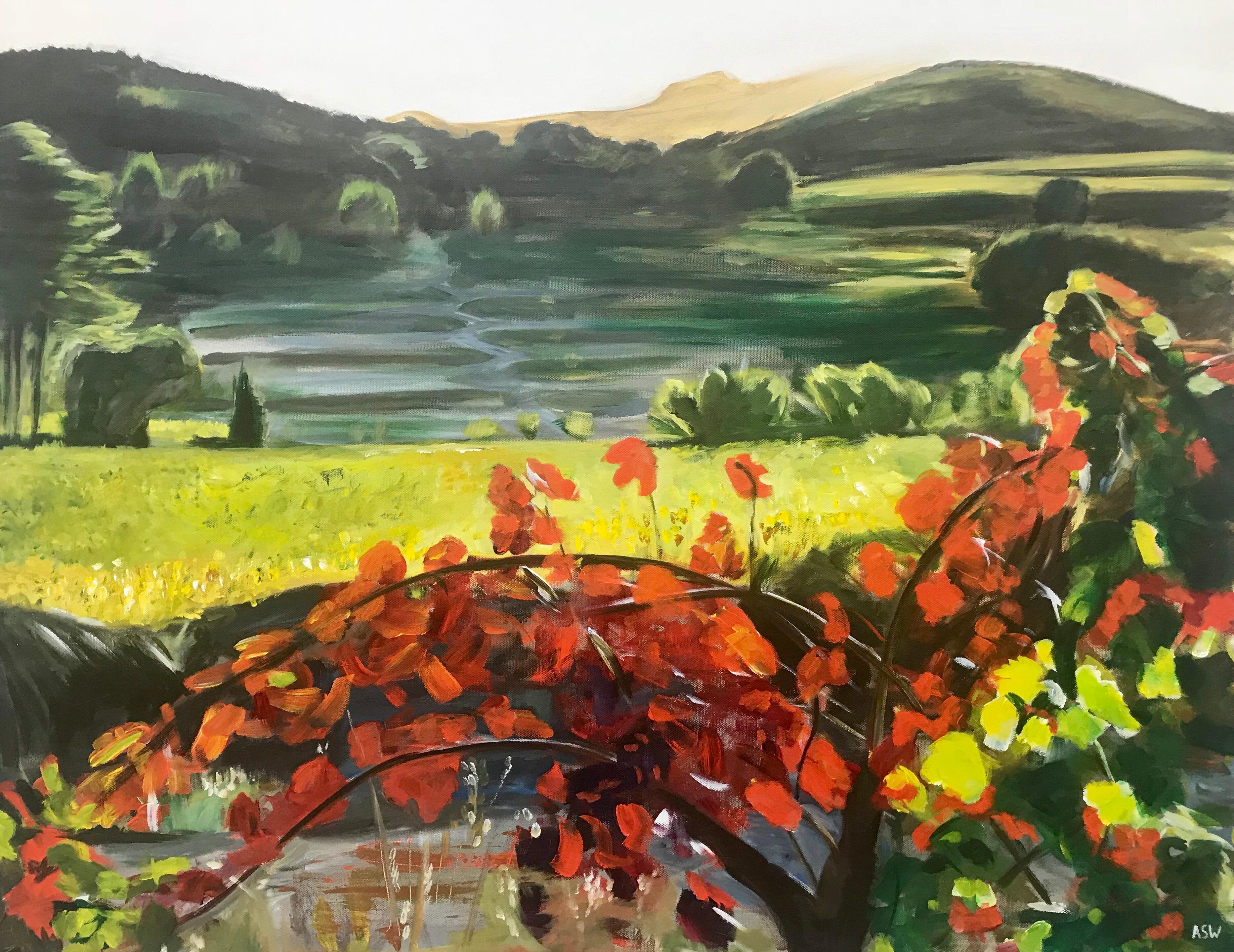 Angela Wakefield Figurative Painting - Painting of Hot Sunny Vineyard in Spain Countryside by English Landscape Artist