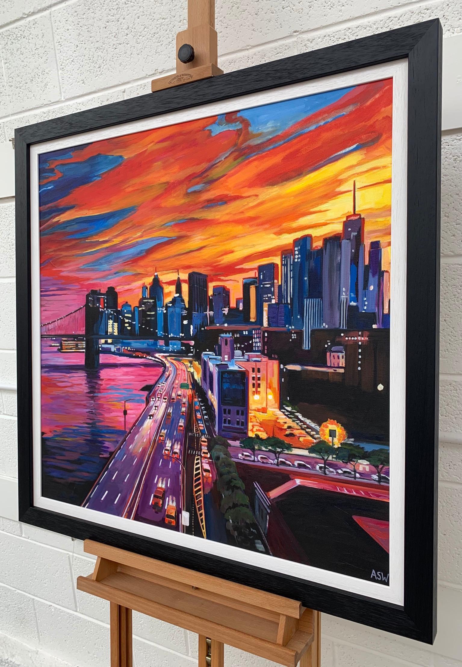 Brooklyn Bridge New York City NYC Skyline Painting by English Landscape Artist - Black Landscape Painting by Angela Wakefield