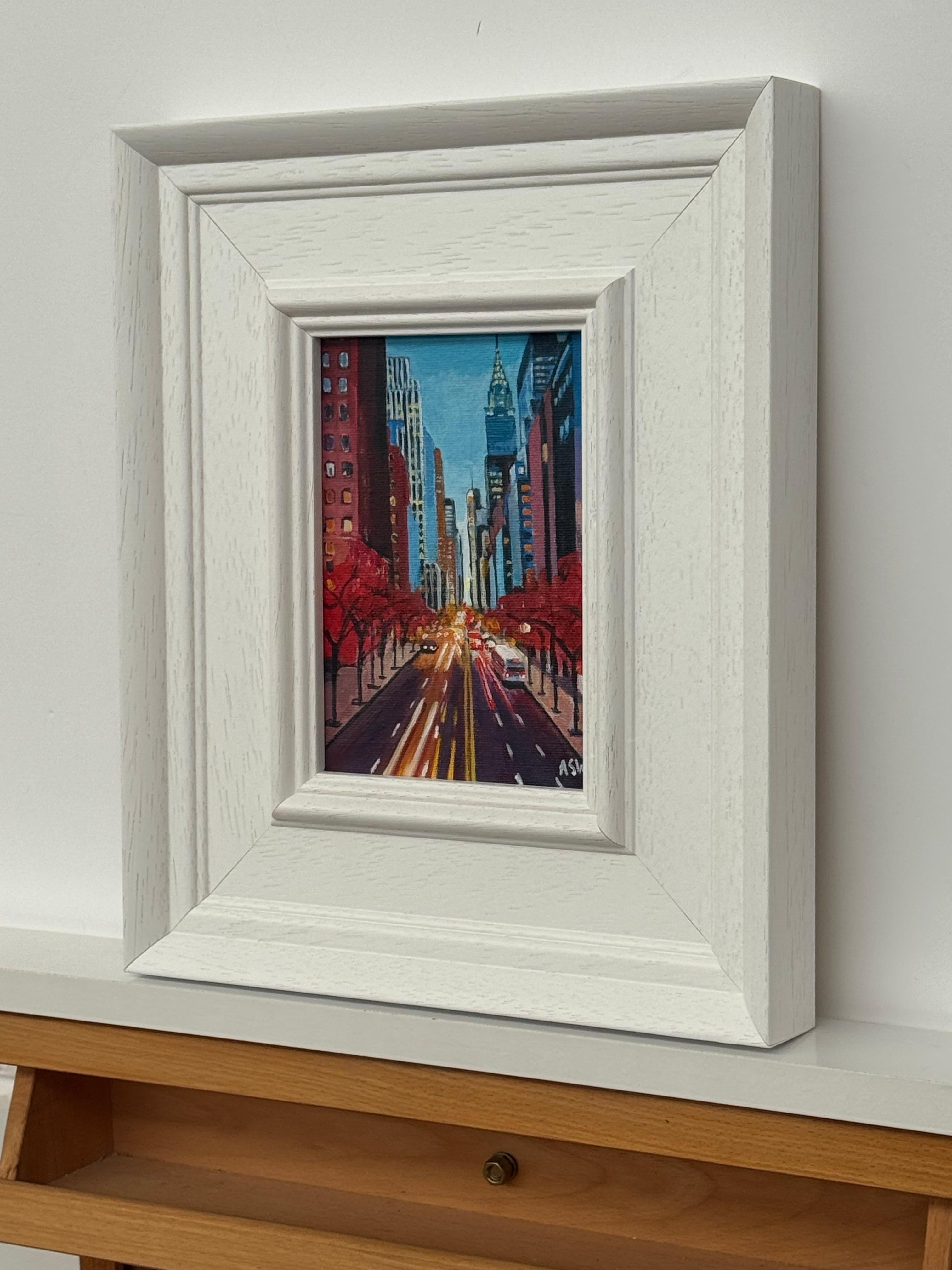 Chrysler View New York City Miniature Urban Landscape Art by Contemporary Artist (en anglais) - Gris Landscape Painting par Angela Wakefield