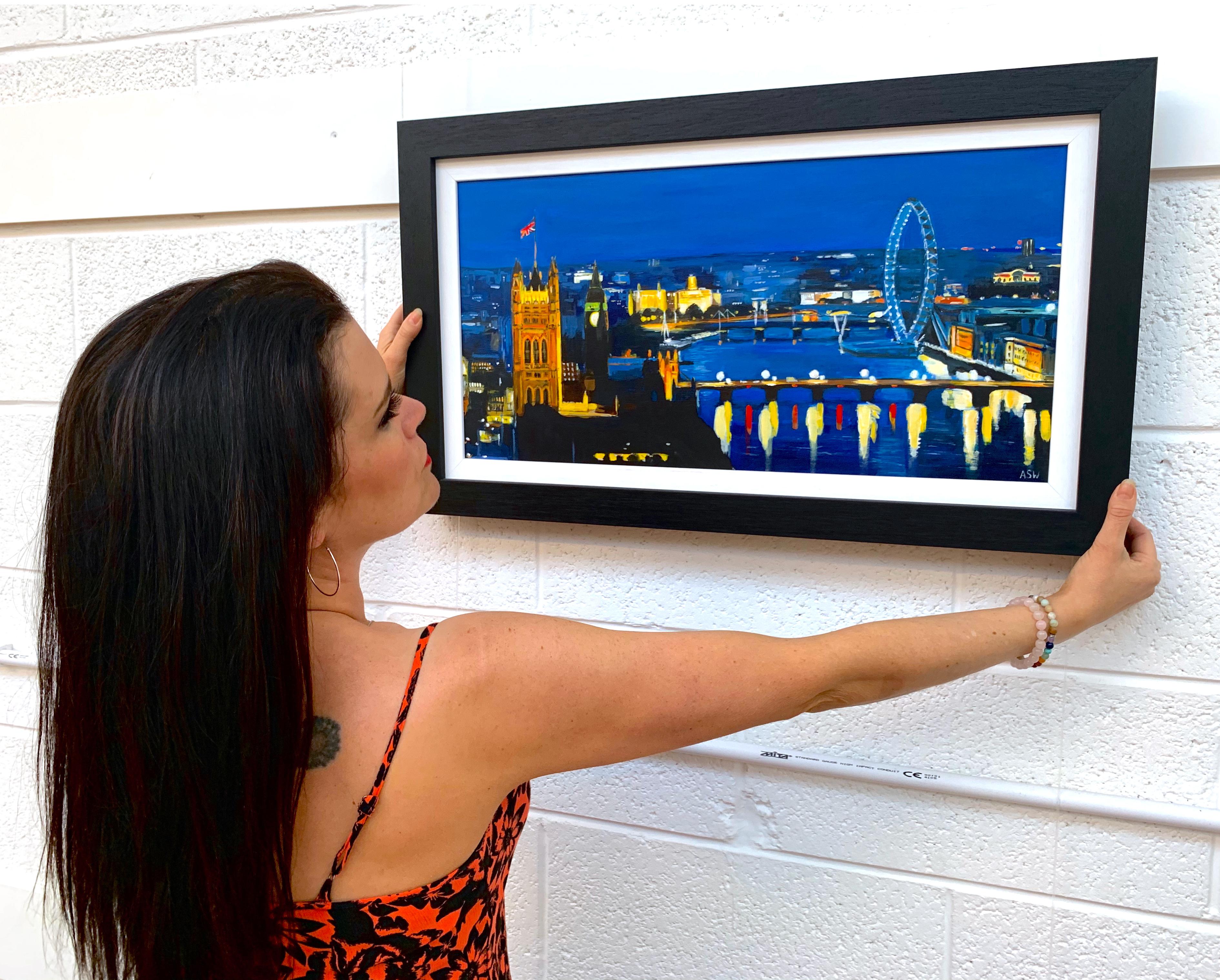 City of London River Thames at Night with Big Ben Westminster by British Artist - Painting by Angela Wakefield