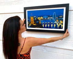 City of London River Thames at Night with Big Ben Westminster by British Artist
