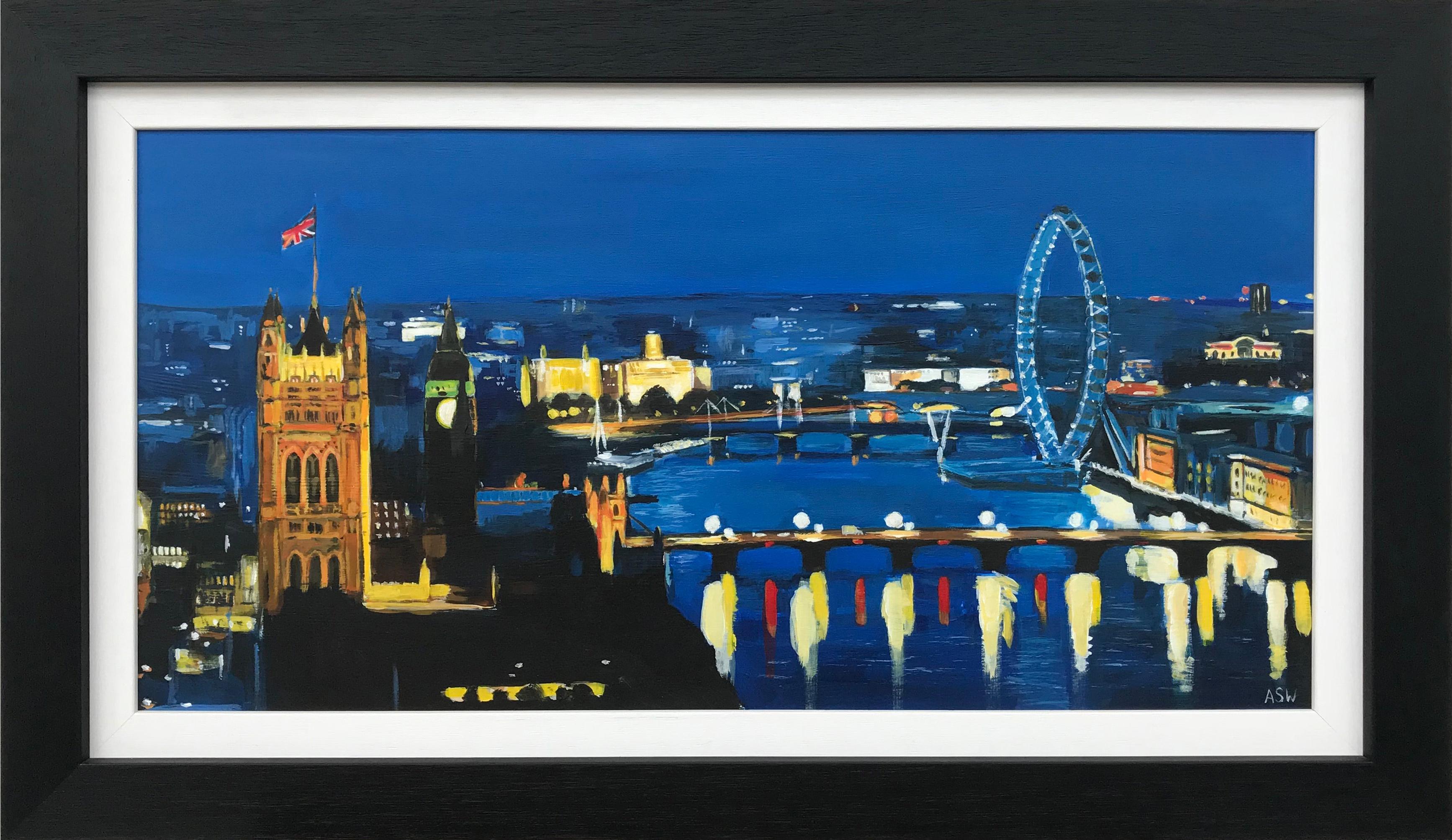 Angela Wakefield Figurative Painting - City of London River Thames at Night with Big Ben Westminster by British Artist