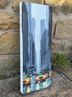 Classic 1990's Yellow Taxi at Night & Grey Skyscrapers in New York City Street