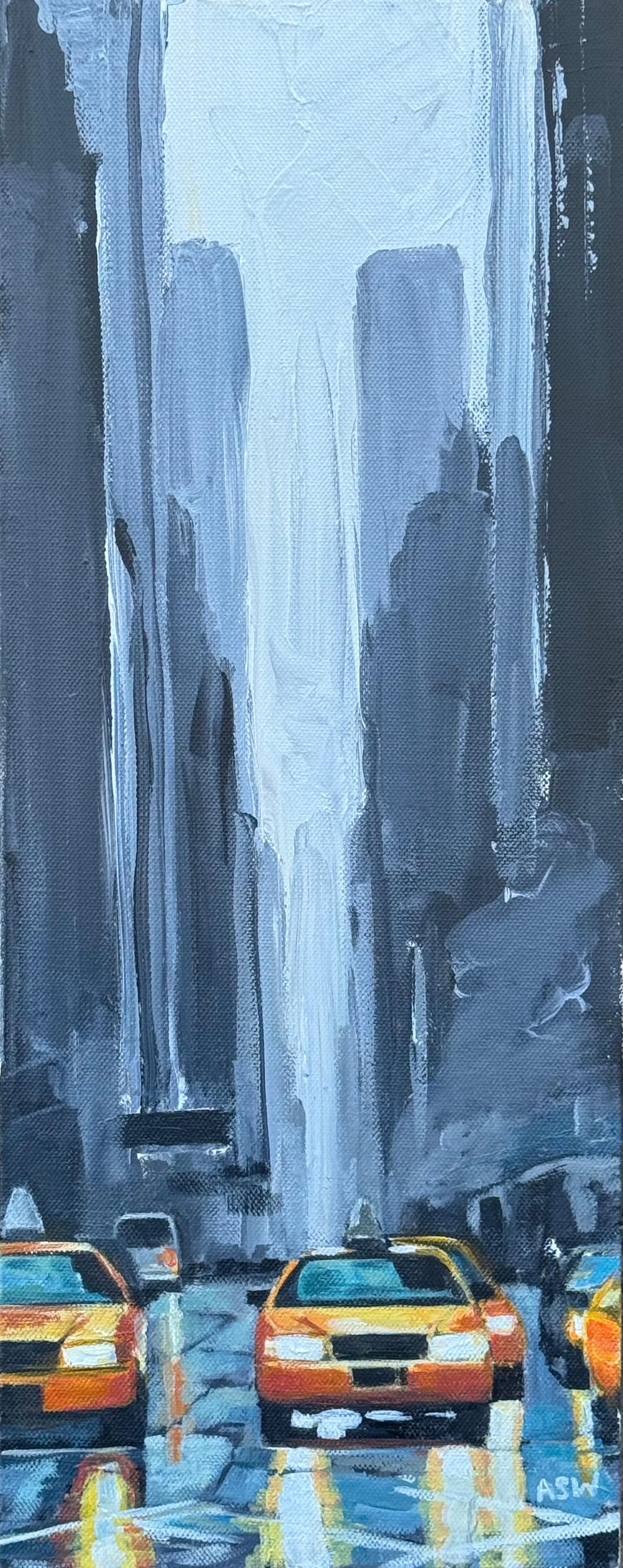 Figurative Painting Angela Wakefield - Taxi jaune classique des années 1990 la nuit et gratte-ciel gris dans la rue de New York City