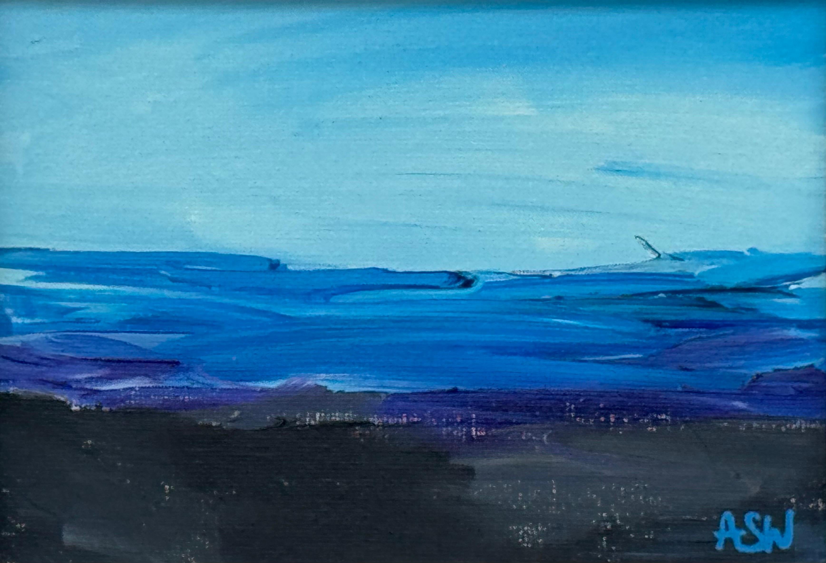 Cobalt Blue Seascape - Miniature Abstract Landscape Art Study by British Artist - Painting by Angela Wakefield
